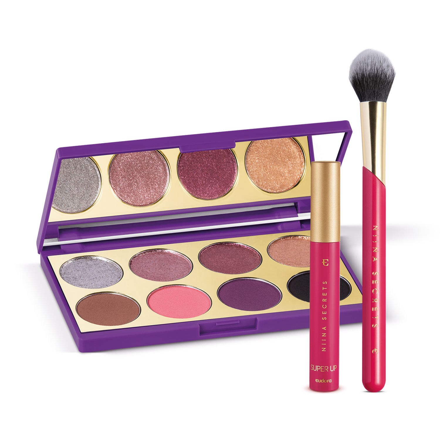 Combo Niina Secrets: Palette de Sombras Purple + Pincel Multifuncional + Máscara para Cílios Super Up