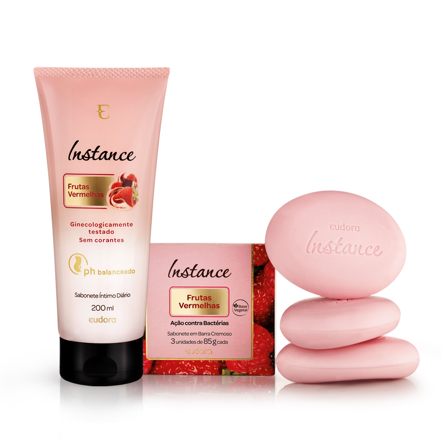 Combo Instance Frutas Vermelhas: Sabonete em Barra Vegetal 3 unidades + Sabonete Líquido Íntimo 200ml