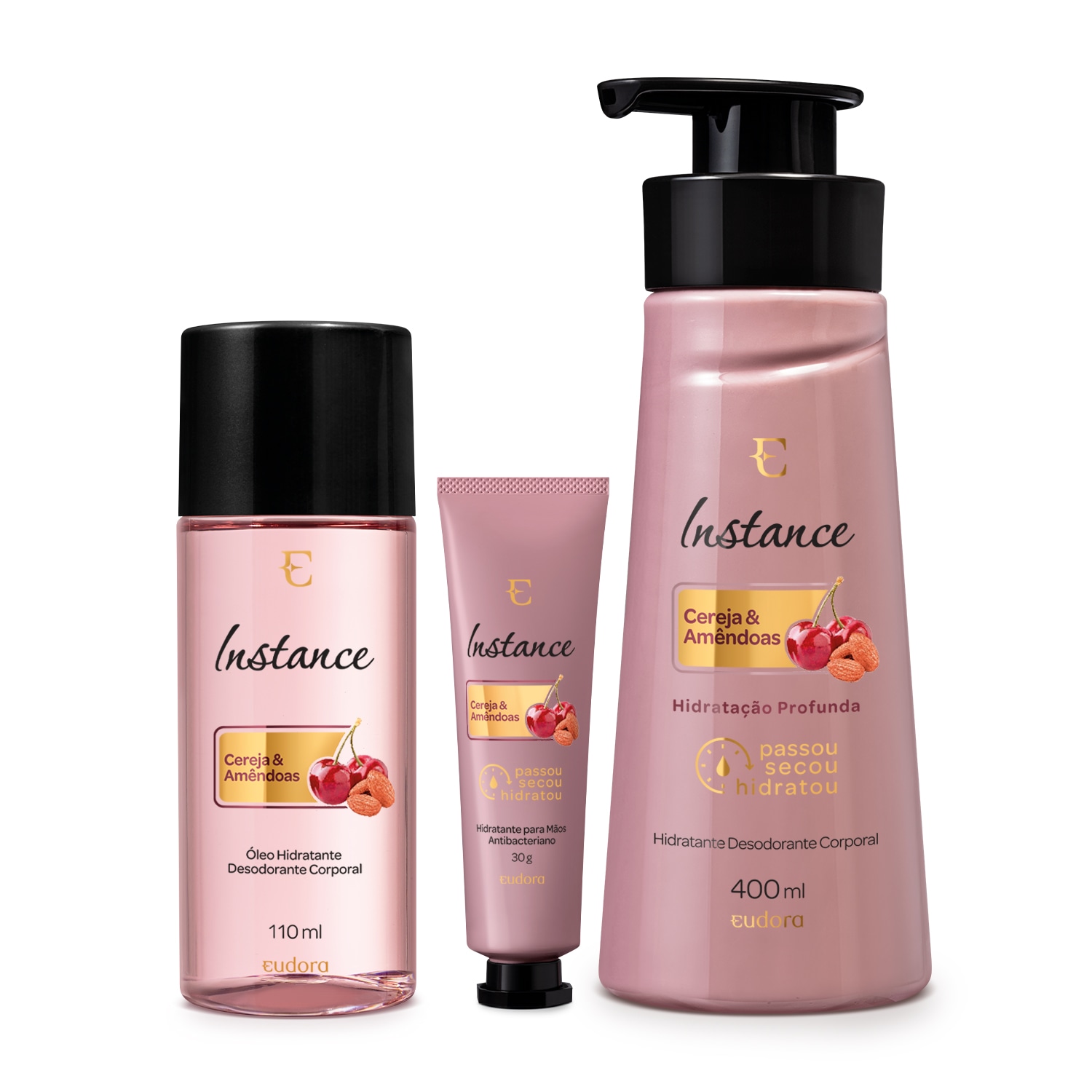 Combo Instance Cereja e Amêndoas: Óleo Hidratante Corporal 110ml + Hidratante Desodorante Corporal 400ml + Creme Hidratante Para Mãos 30g