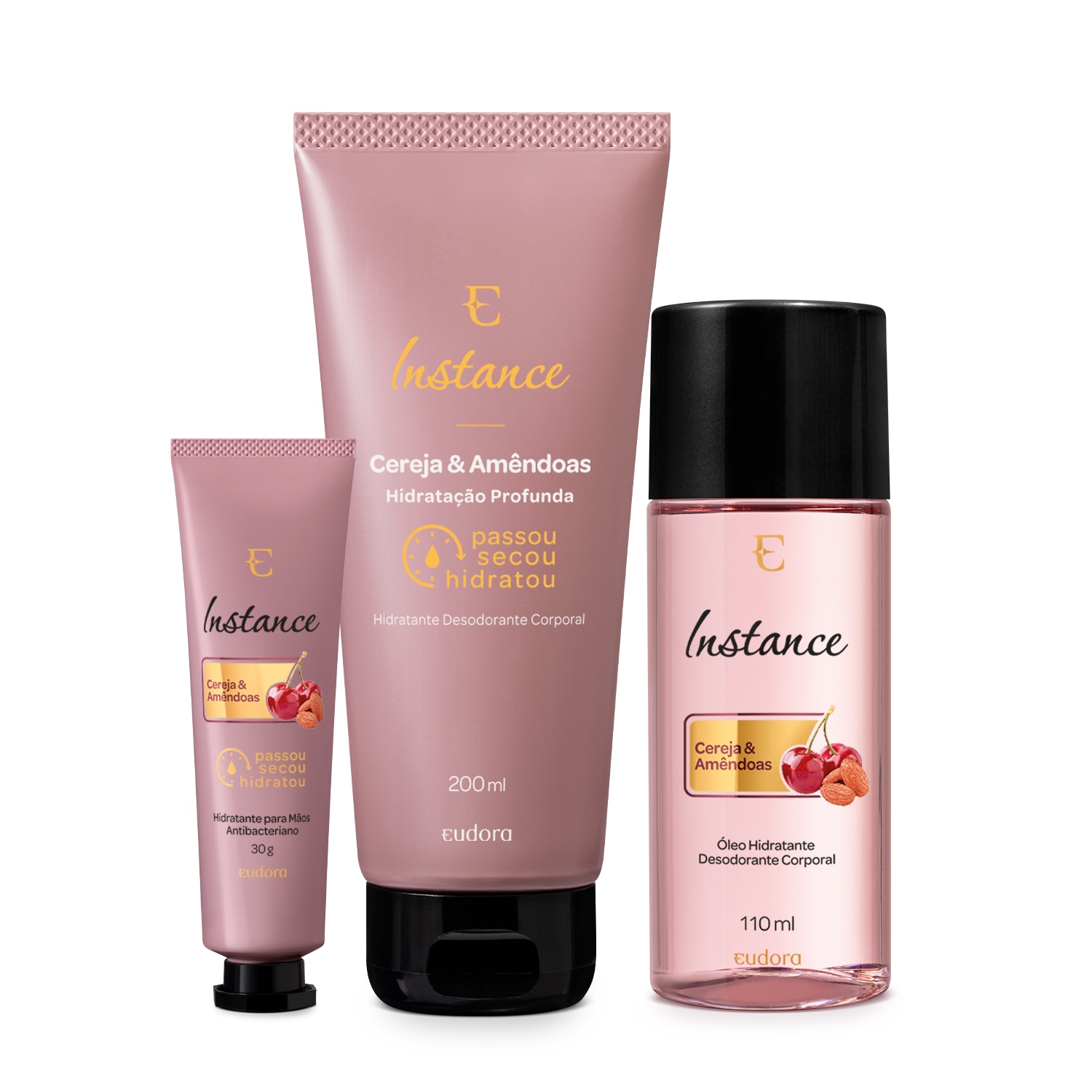 Combo Instance Cereja e Amêndoas: Óleo Hidratante Corporal 110ml + Hidratante Corporal 200ml + Hidratante Para Mãos 30g