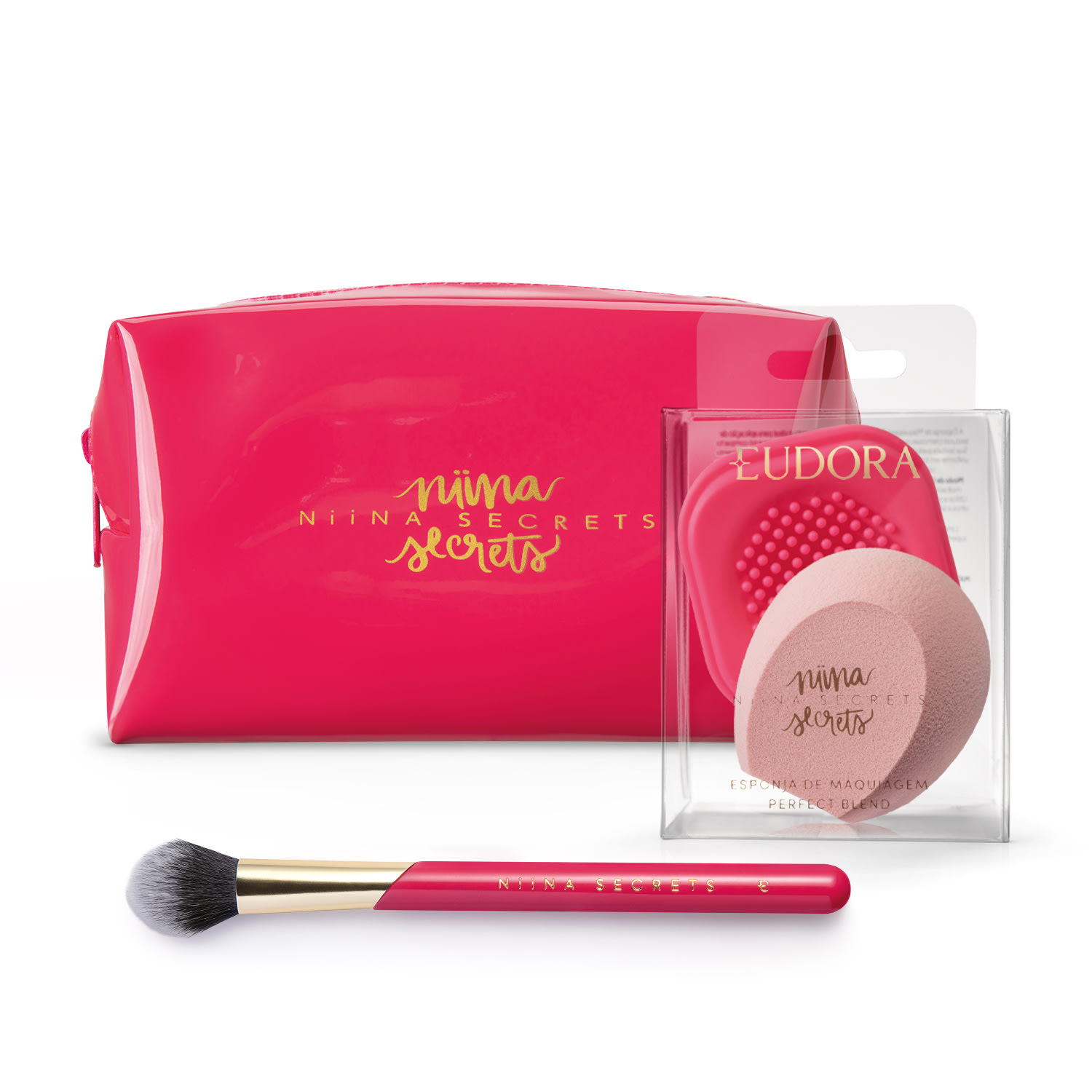 Combo Niina Secrets: Esponja de Maquiagem + Pincel Multifuncional + Necessaire Rosa