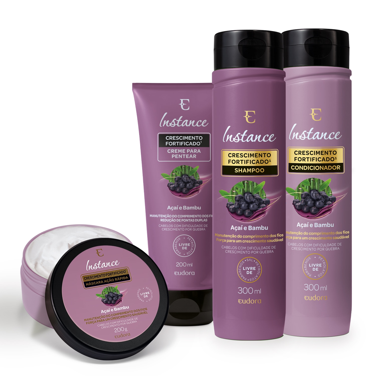 Combo Instance Açaí e Bambu: Shampoo 300ml + Máscara 200g + Condicionador 300ml + Creme Para Pentear 200ml