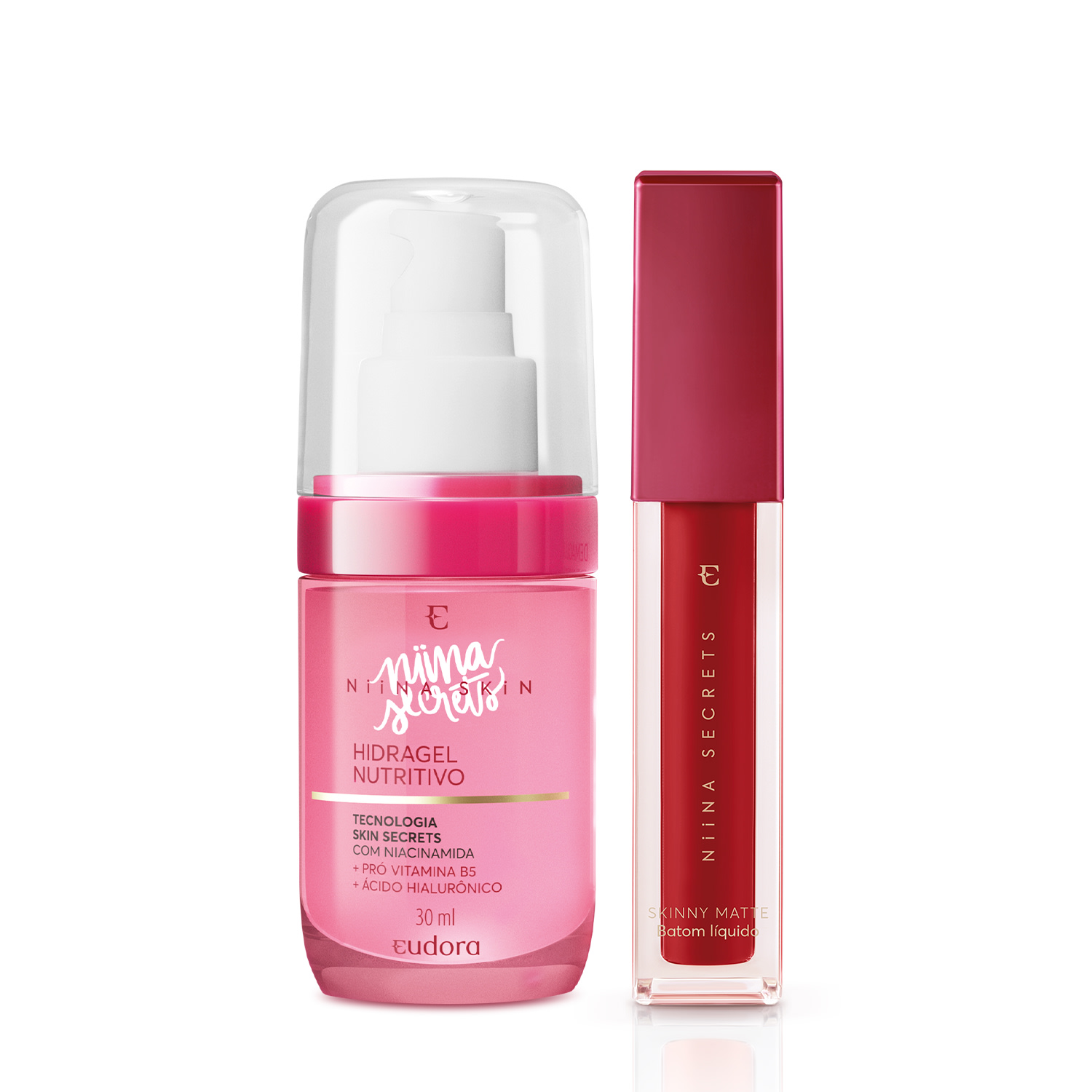 Combo Niina Secrets: Hidragel Nutritivo 30ml + Batom Líquido Matte Vermelho Hibisco 5ml