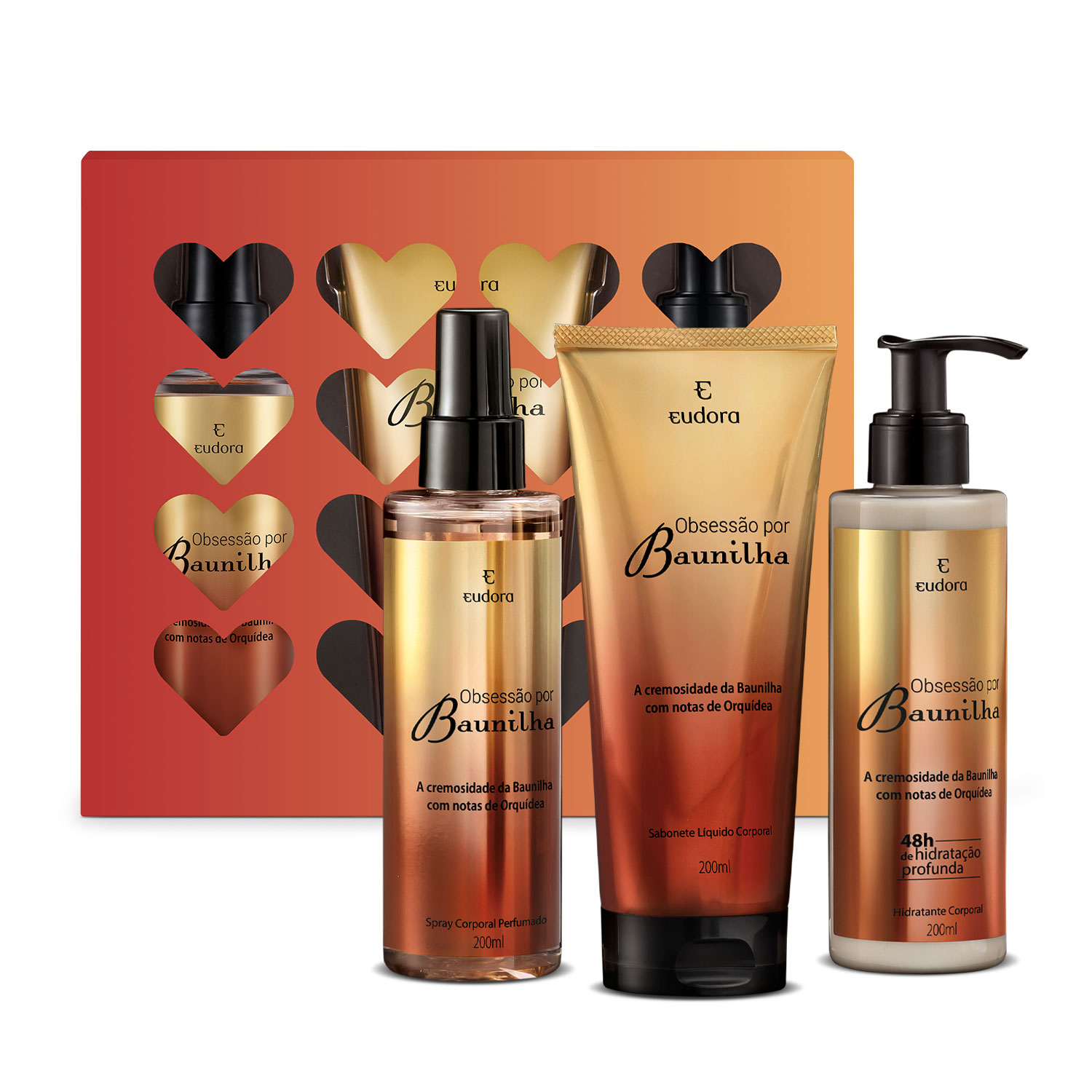 Kit Presente Eudora Obsessão Por Baunilha: Spray Perfumado 200ml + Sabonete Líquido Corporal 200ml + Loção Corporal 200ml