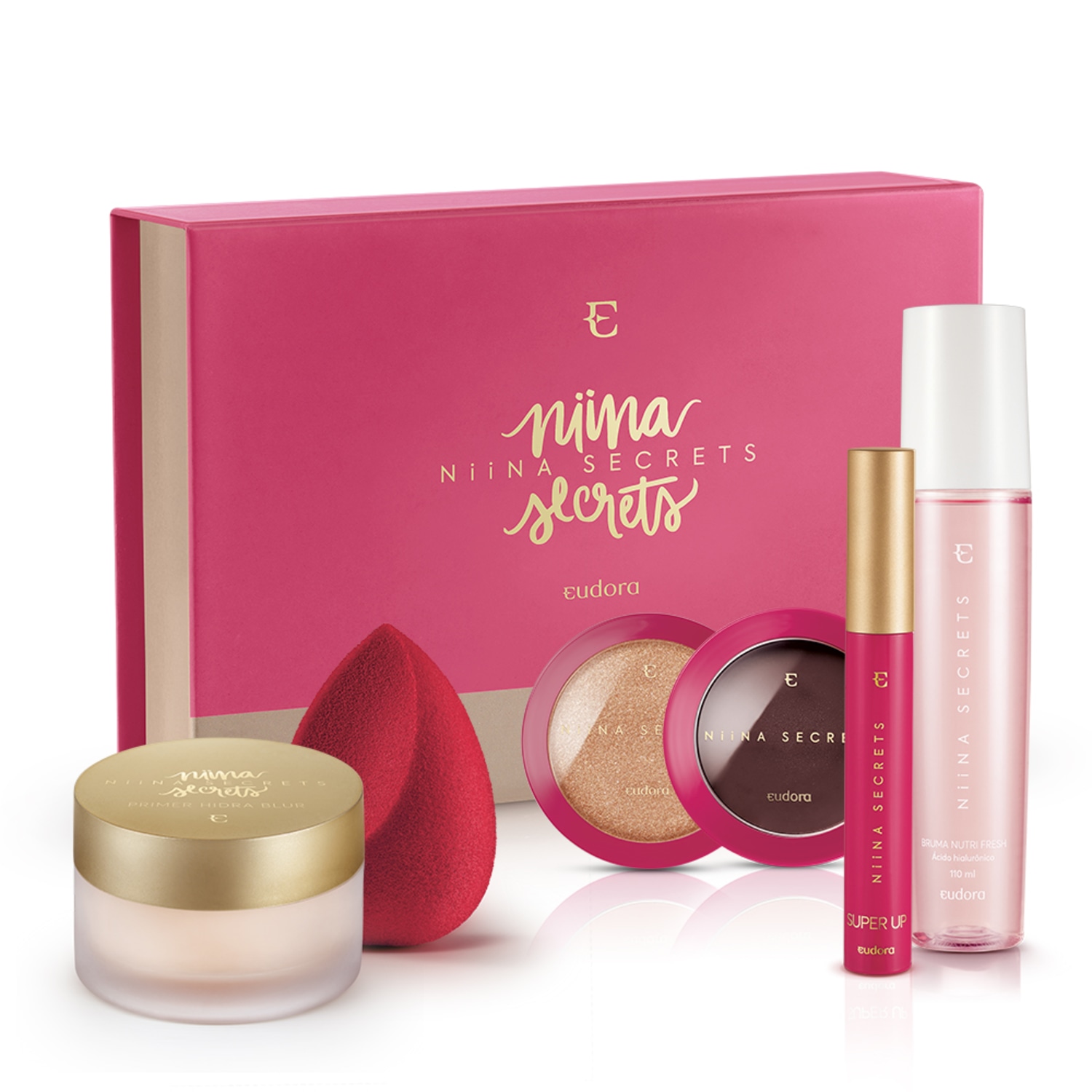 Kit Box Niina Secrets Blush Amora + Máscara + Bruma + Primer + Esponja + Iluminador Gold + BOX EXCLUSIVA*