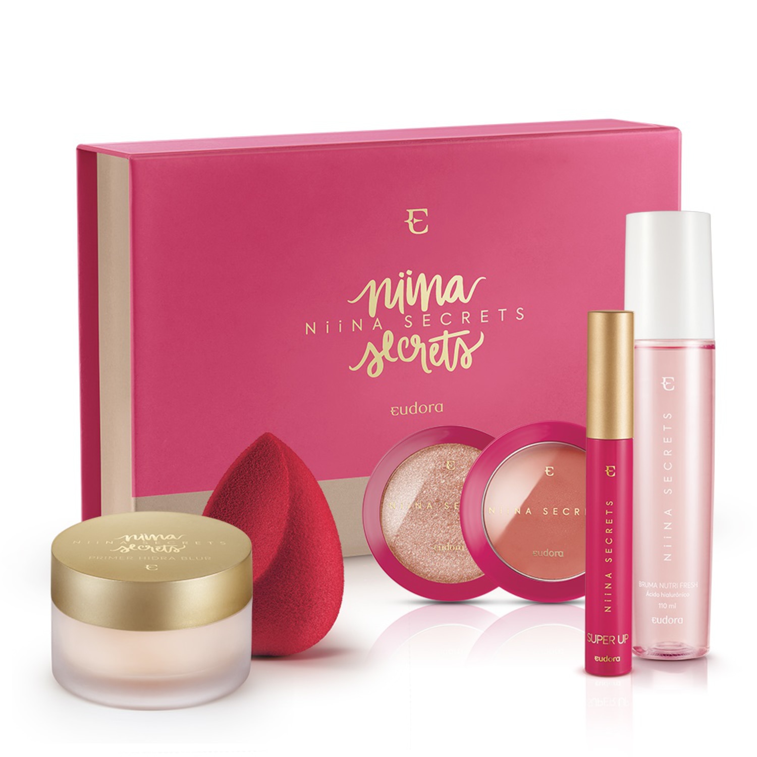 Kit Box Niina Secrets Blush Pêssego + Máscara + Bruma + Primer + Esponja + Iluminador Rose + BOX EXCLUSIVA*