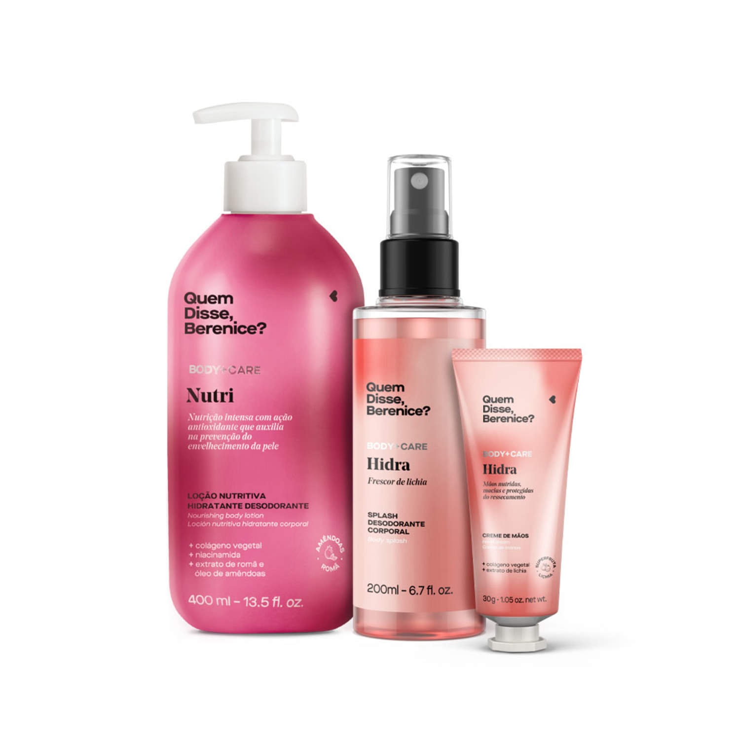 Combo Nutri e Hidra: Loção Corporal 400ml + Body Splash 200ml + Creme para Mãos 30g