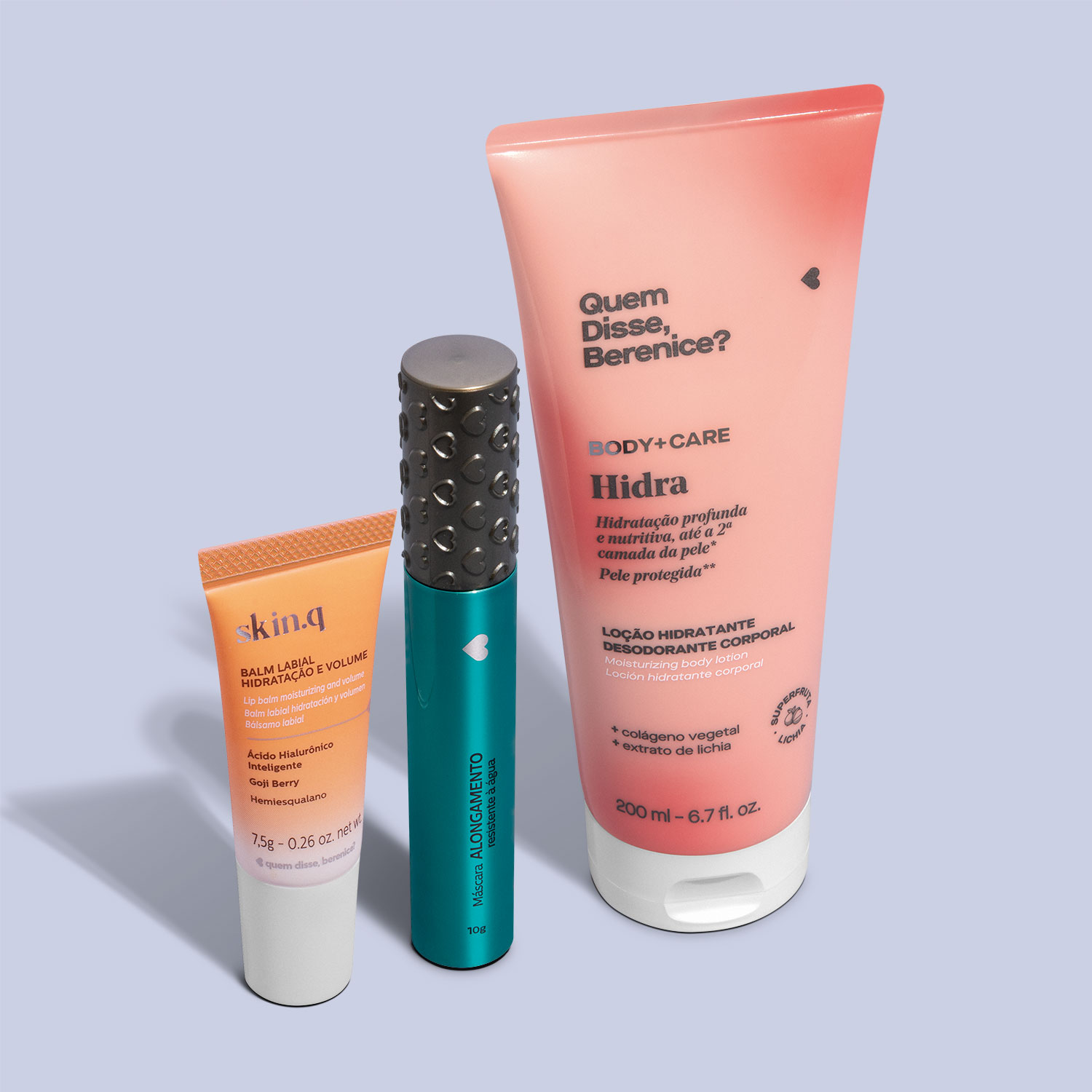 Combo Make e Cuidado: Balm Labial Skin. q + Máscara de Cílios Alongamento + Loção Corporal Hidra