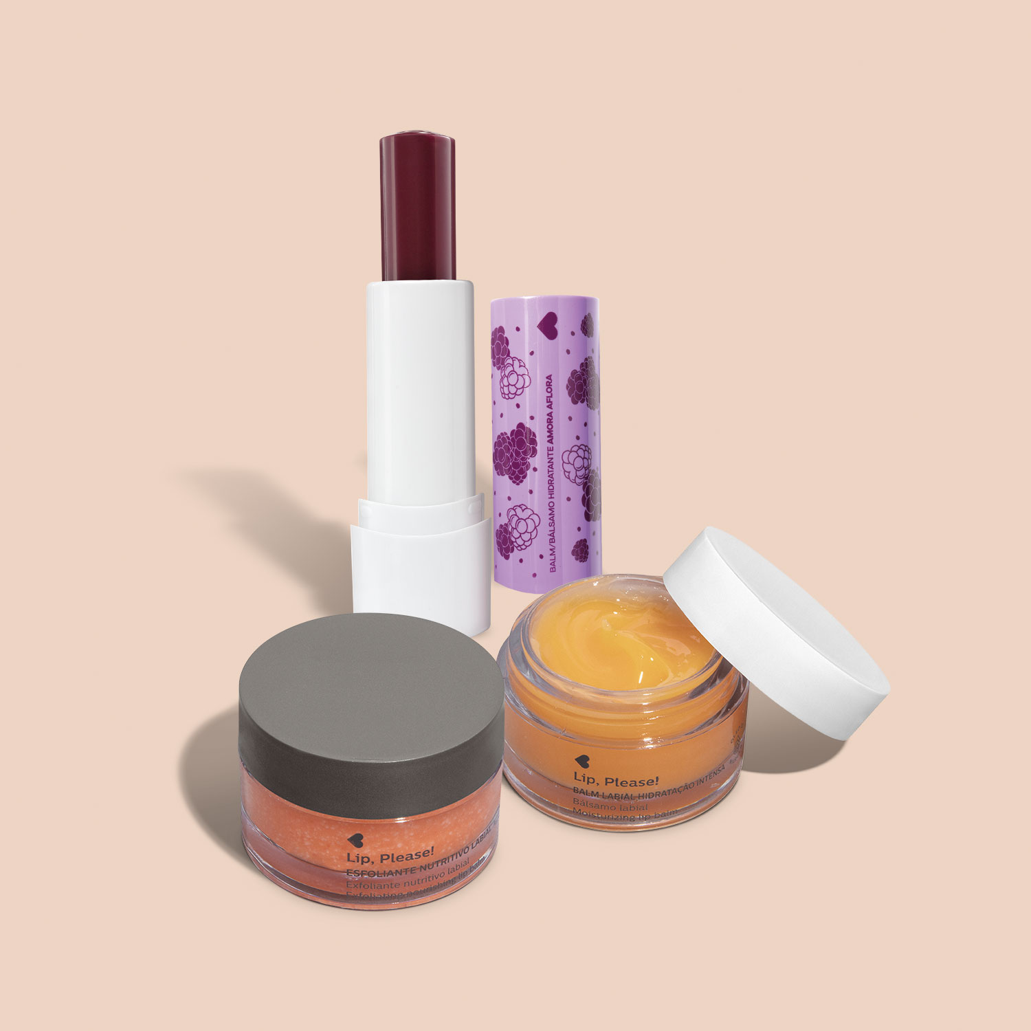 Combo para os Lábios: Esfoliante Nutritivo + Balm Hidratação Intensa + Balm Hidratante Amora Aflora