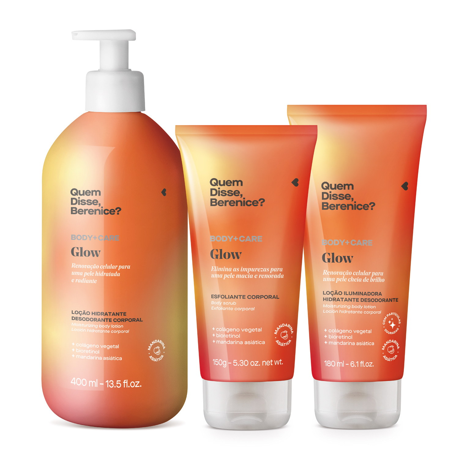 Combo Glow: Esfoliante Corporal 150g + Loção Iluminadora 180ml + Loção Hidratante Desodorante 400ml