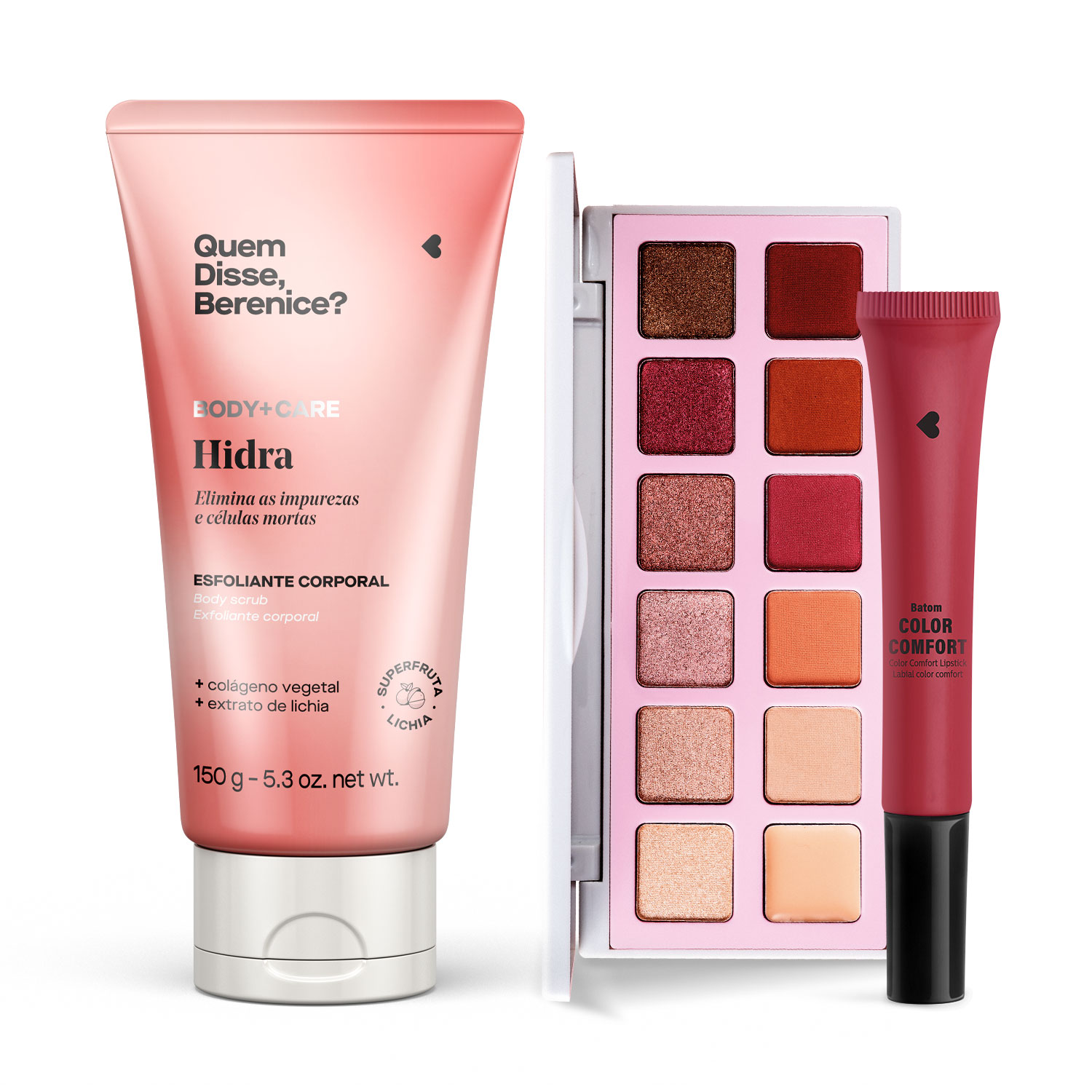 Combo Make e Cuidados: Palette de Sombras Quartzo + Batom Color Comfort Vervelê + Gel Esfoliante Corporal Lichia 150g