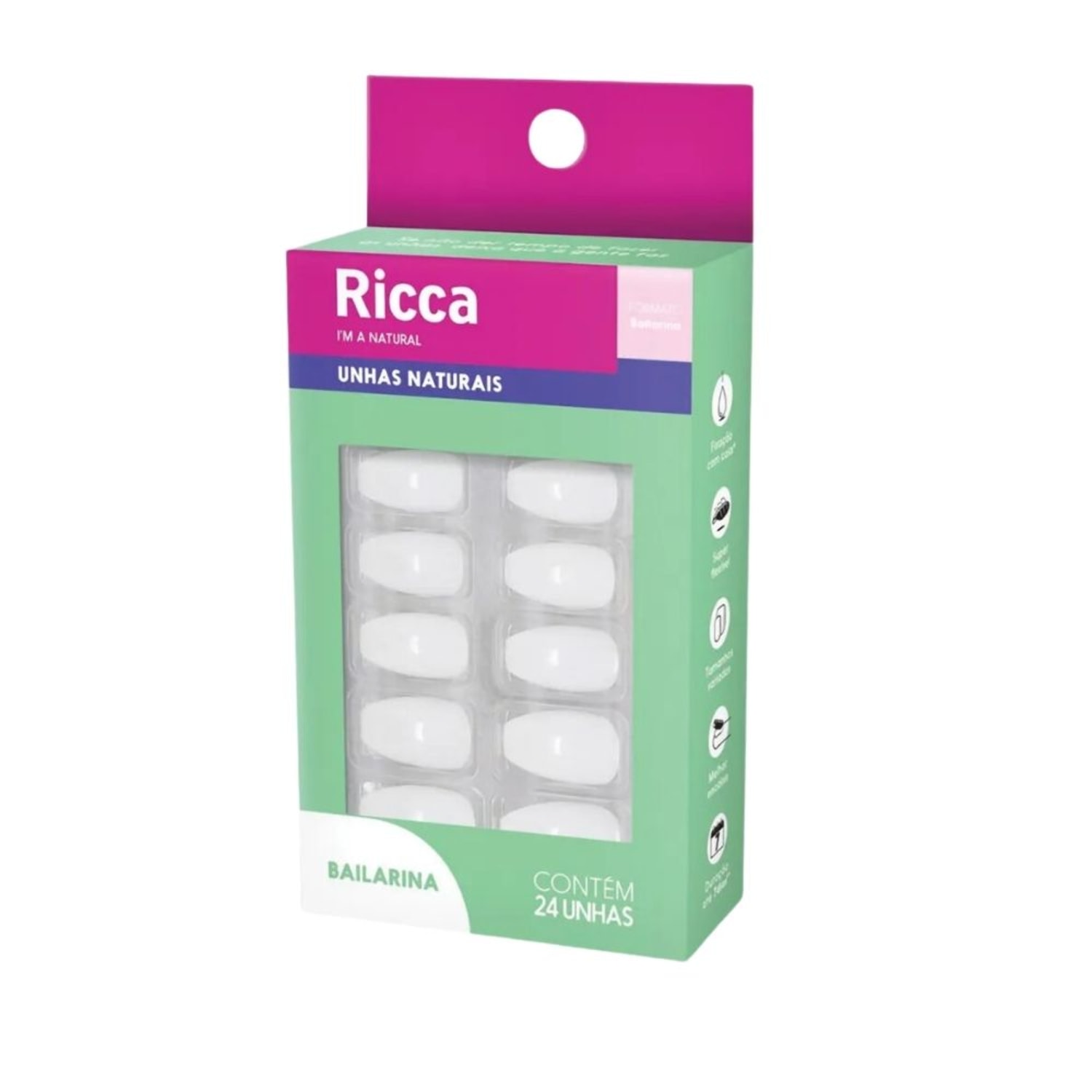Unhas Postiças Naturais Formato Bailarina Fixação com Cola 24 Unhas Ricca