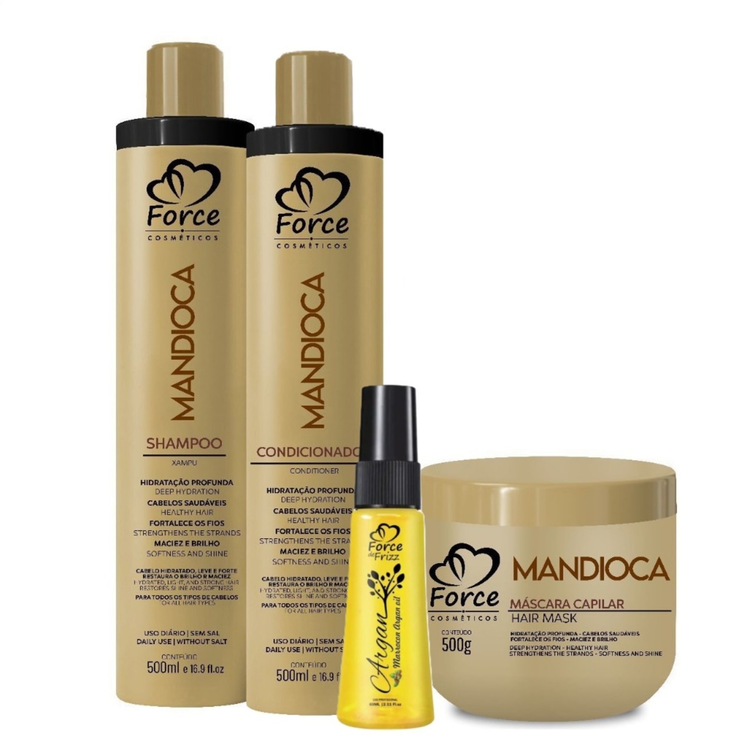 Kit Capilar Mandioca + Óleo Argan - Force Cosméticos | Hidratação e Brilho Capilar (4 Itens)