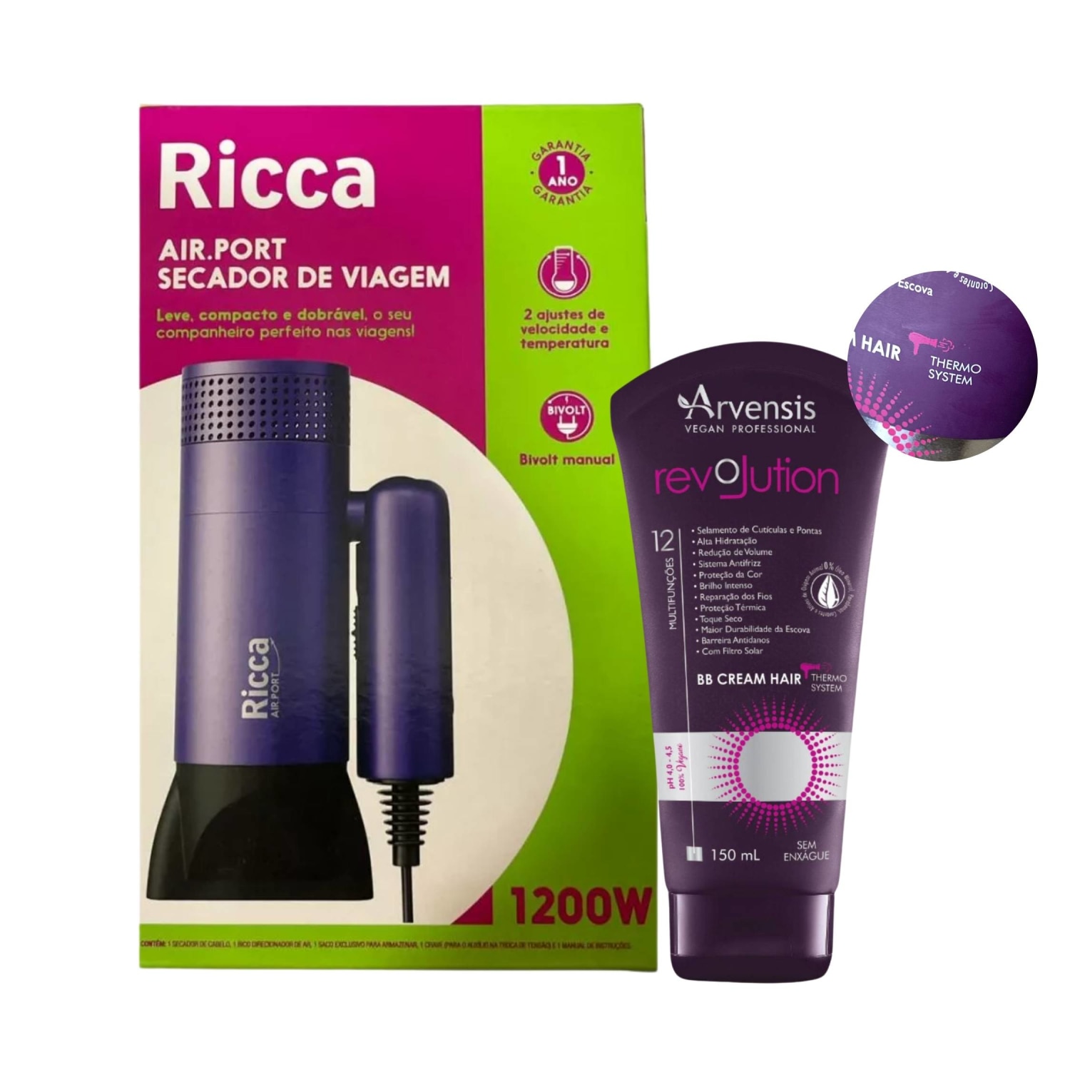 SECADOR DE VIAGEM RICCA E BB HAIR CREAM REVOLUTION 150ML - ARVENSIS