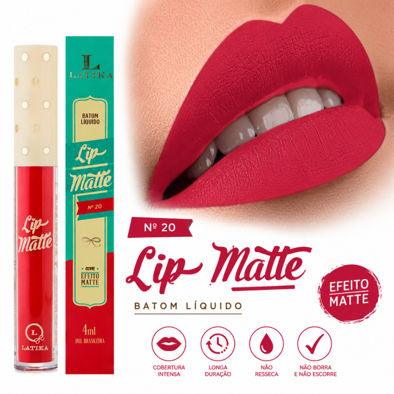 Batom Líquido Latika Lip Matte Vermelho Cereja Intensa nº20 - Longa Duração - Não Trenfere 4ml