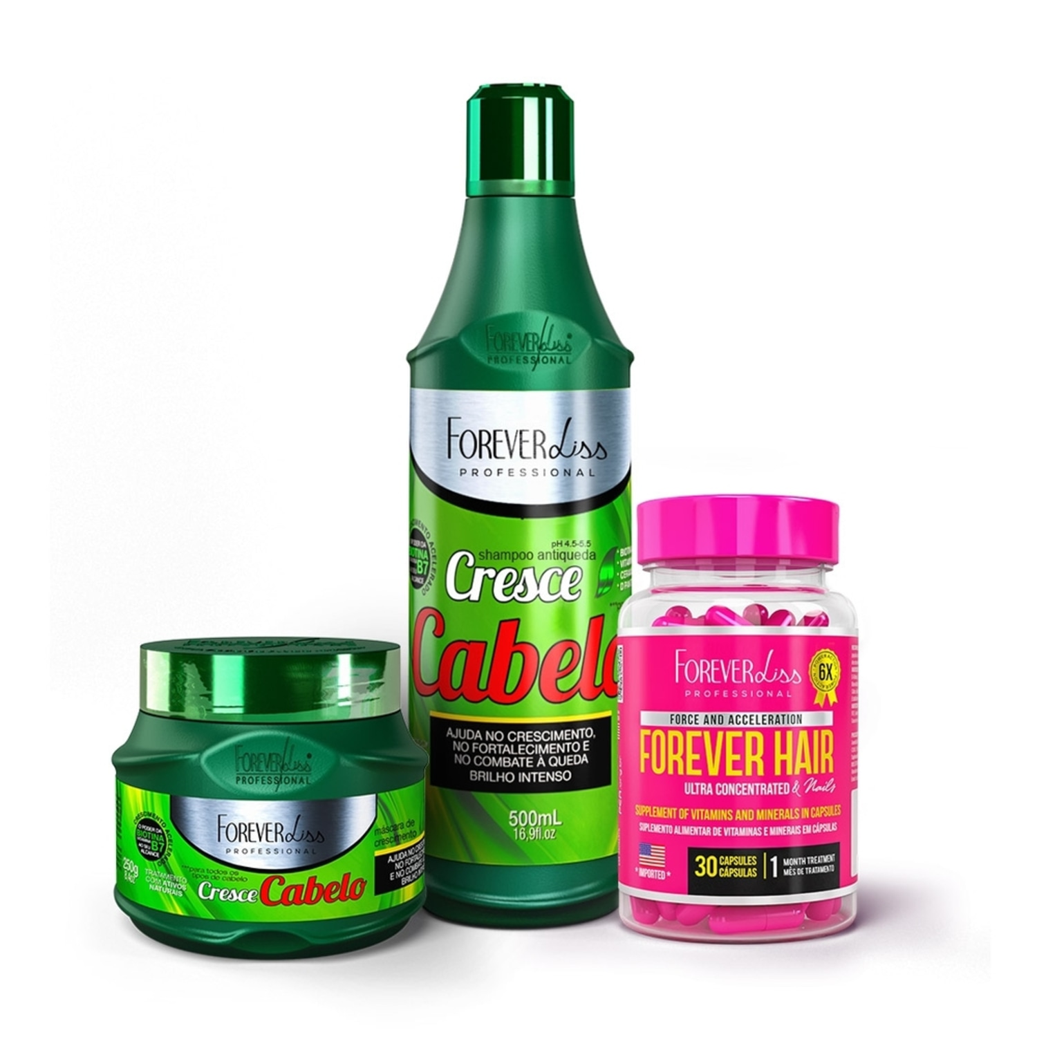 Kit Cresce Cabelo com MÃ¡scara, Shampoo E Forever Hair