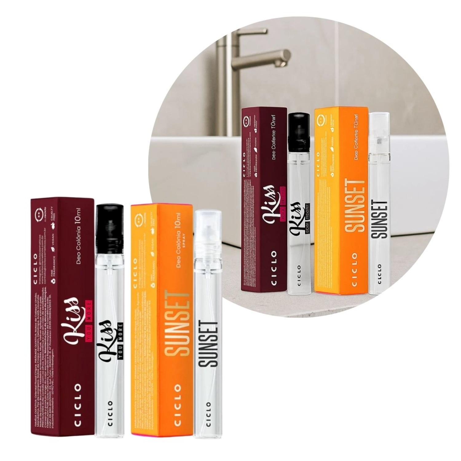 Kit Ciclo Deo Colônia Bolsa Kiss You More e Sunset 10ml