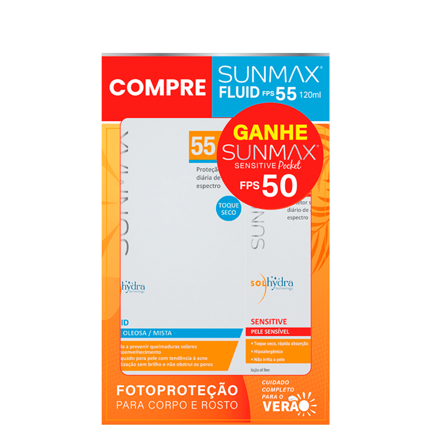 Kit Sunmax Fluid FPS 55 + Sunmax Sensitive Pocket FPS 50 (2 Produtos)