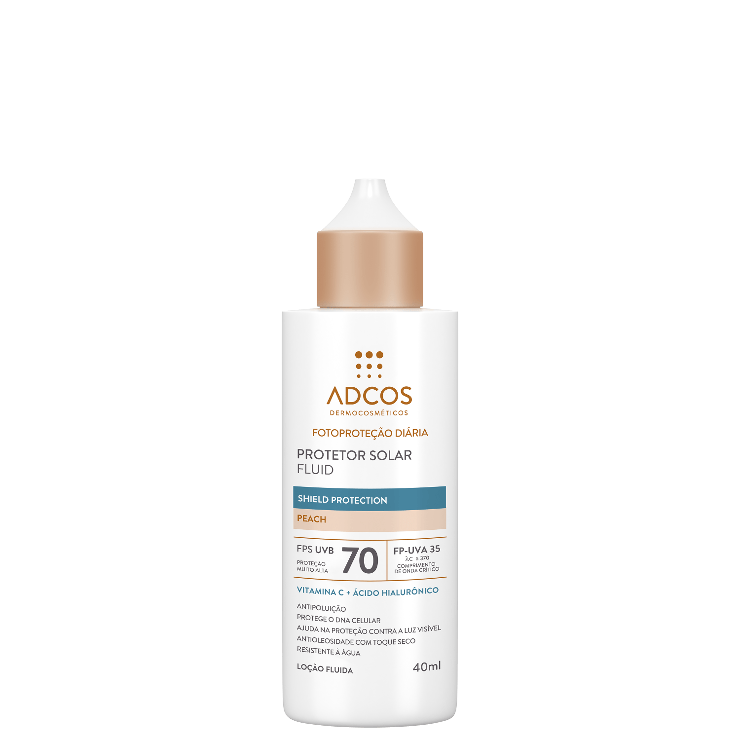 Adcos Fotoproteção Diária Fluid Peach FPS70 - Protetor Solar Facial com Cor 40ml