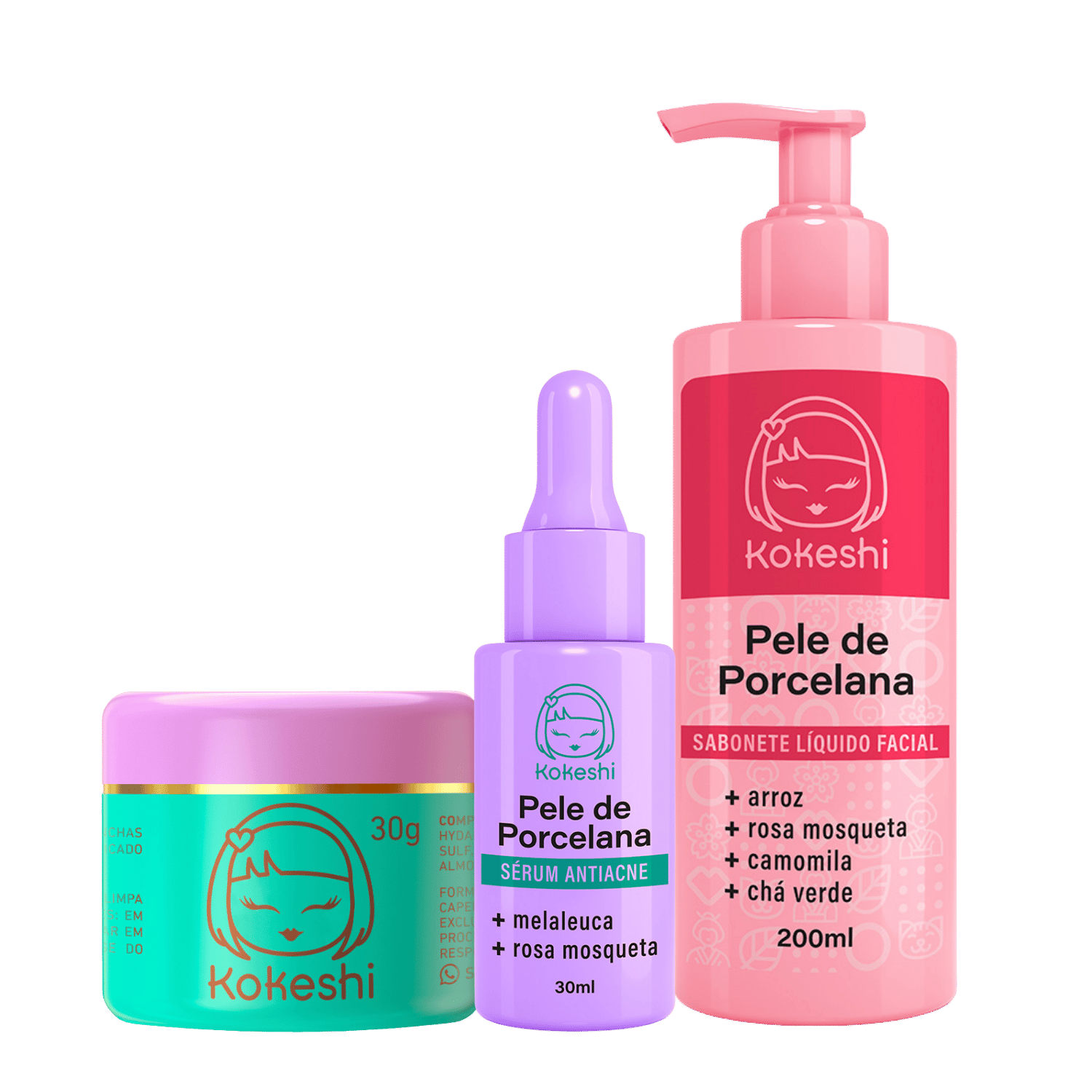 Kit Rotina Kokeshi Pele de Porcelana Sabonete Sérum Antiacne