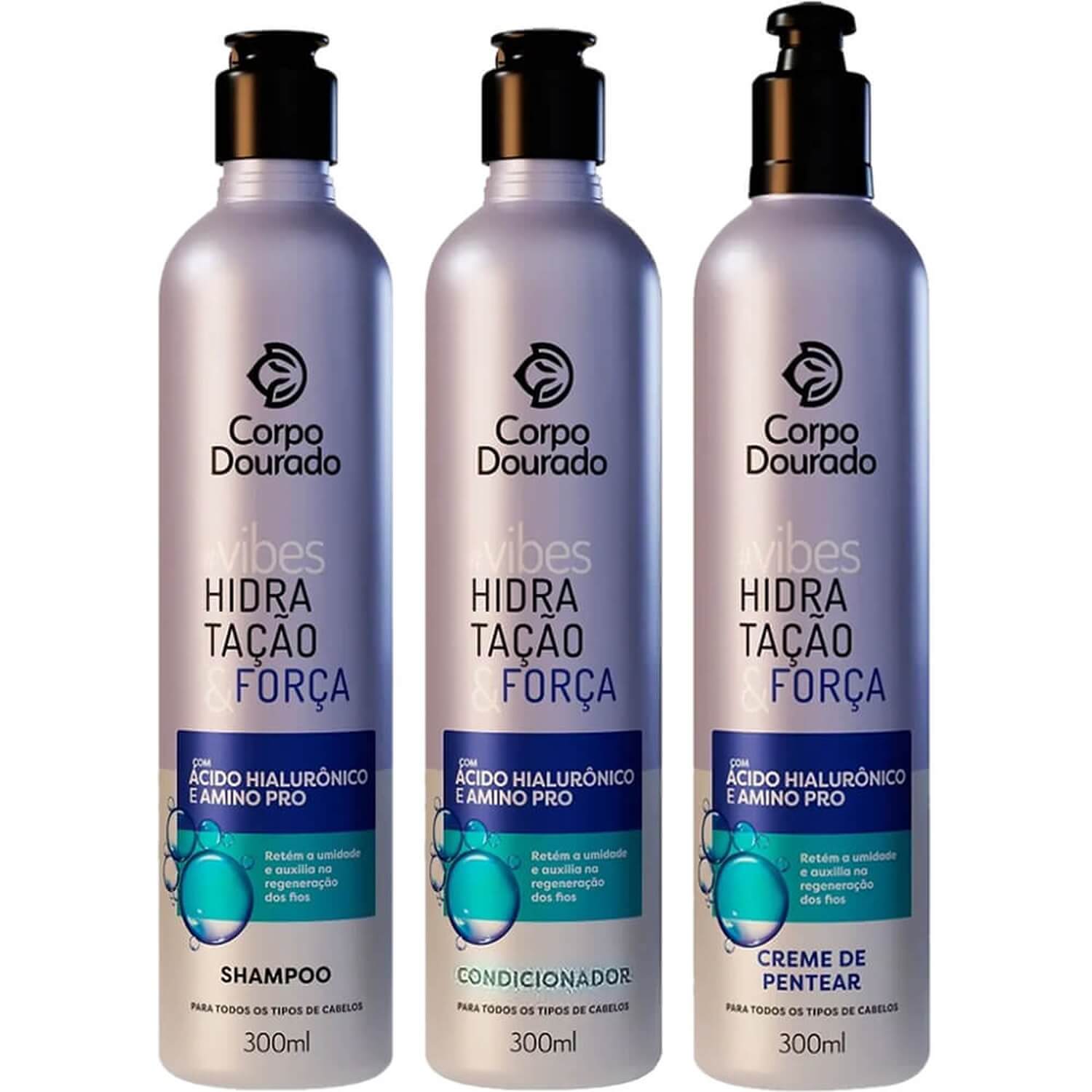 Corpo Dourado Vibes Hidratação - Kit Capilar com Ácido Hialurônico Trio (3 Produtos)