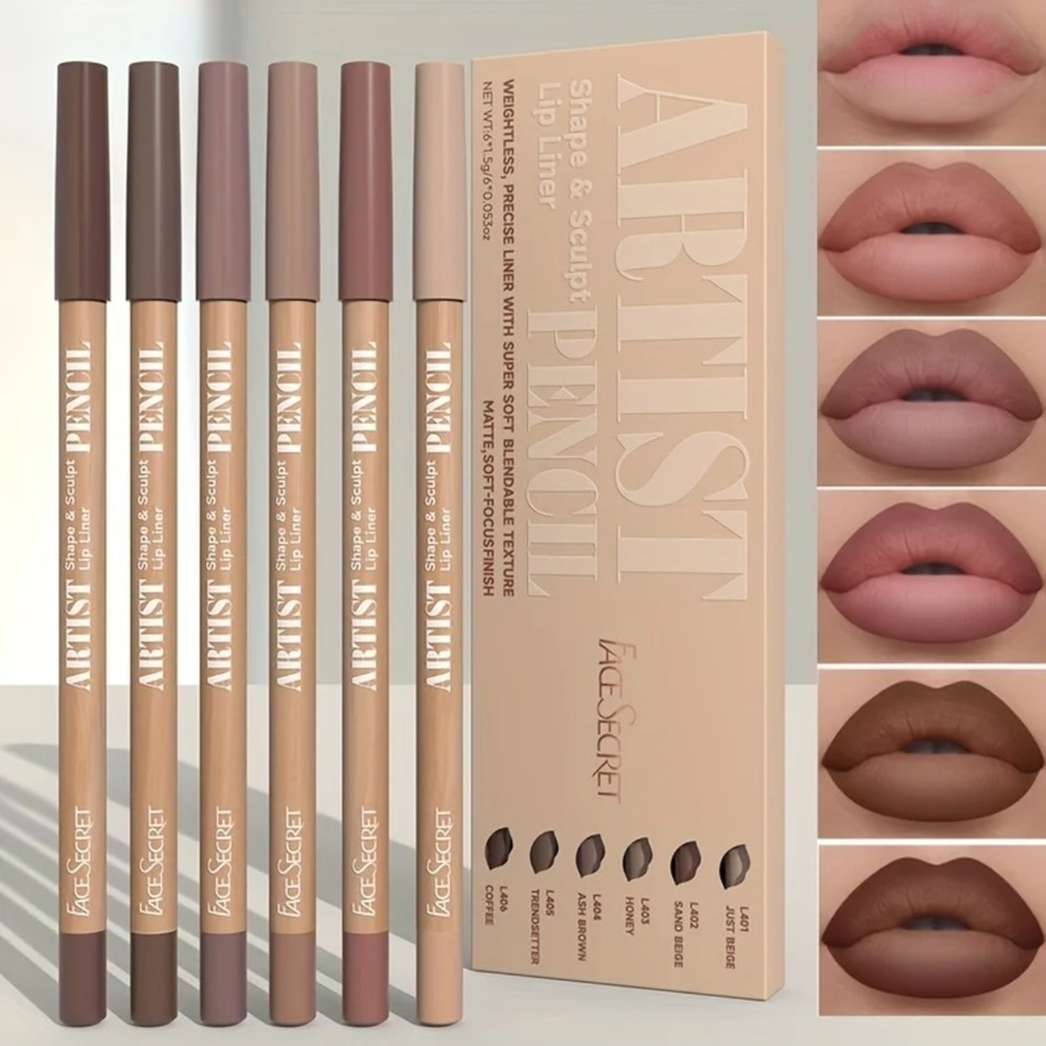 KIT Lápis Delineador Labial Fosco com 6 peças de longa duração Marrom