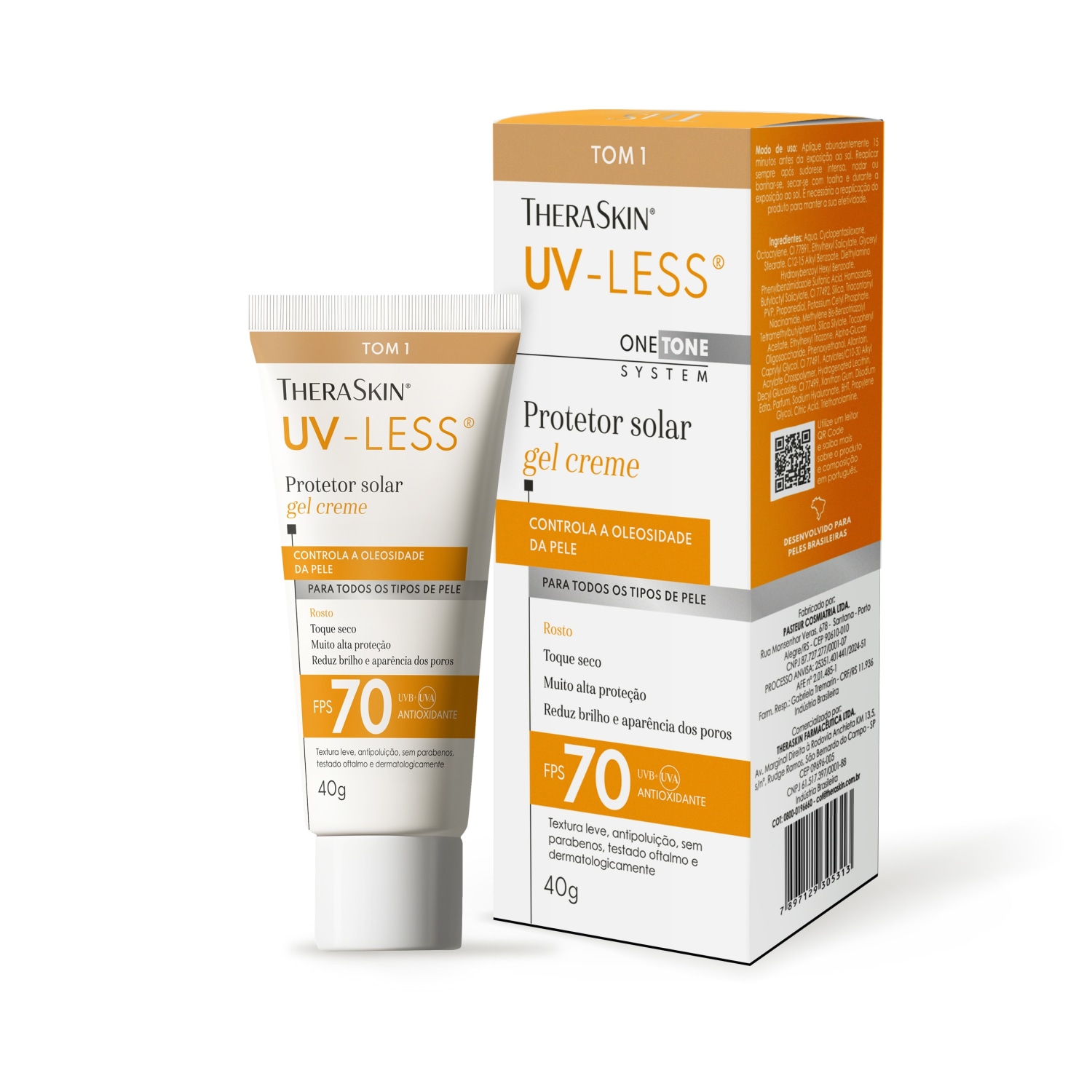 Protetor Solar Facial Theraskin UV-Less FPS 70 Gel Creme Tom 1 40g – Alta Proteção com Cor