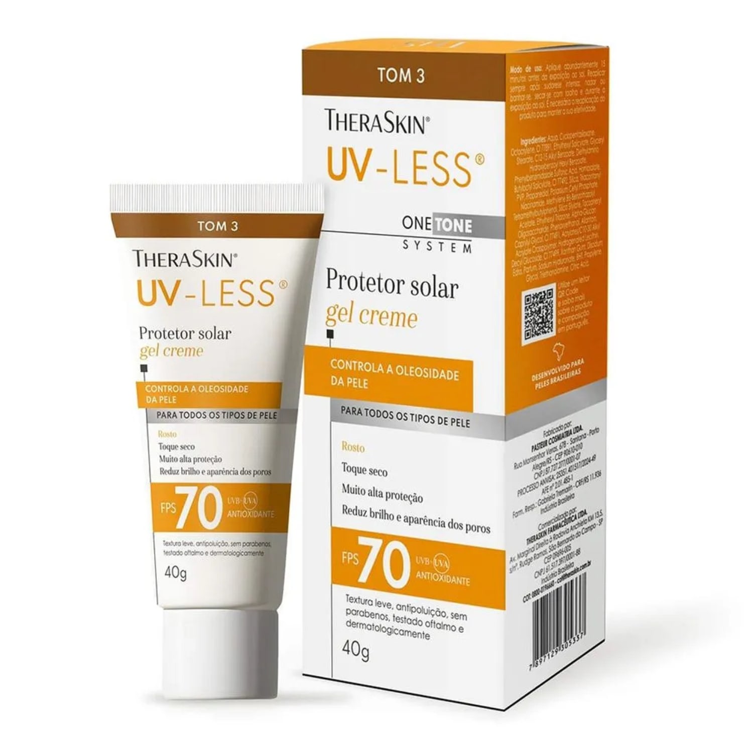 Protetor Solar Facial Theraskin UV-Less FPS 70 Gel Creme Tom 3 40g – Alta Proteção com Cor