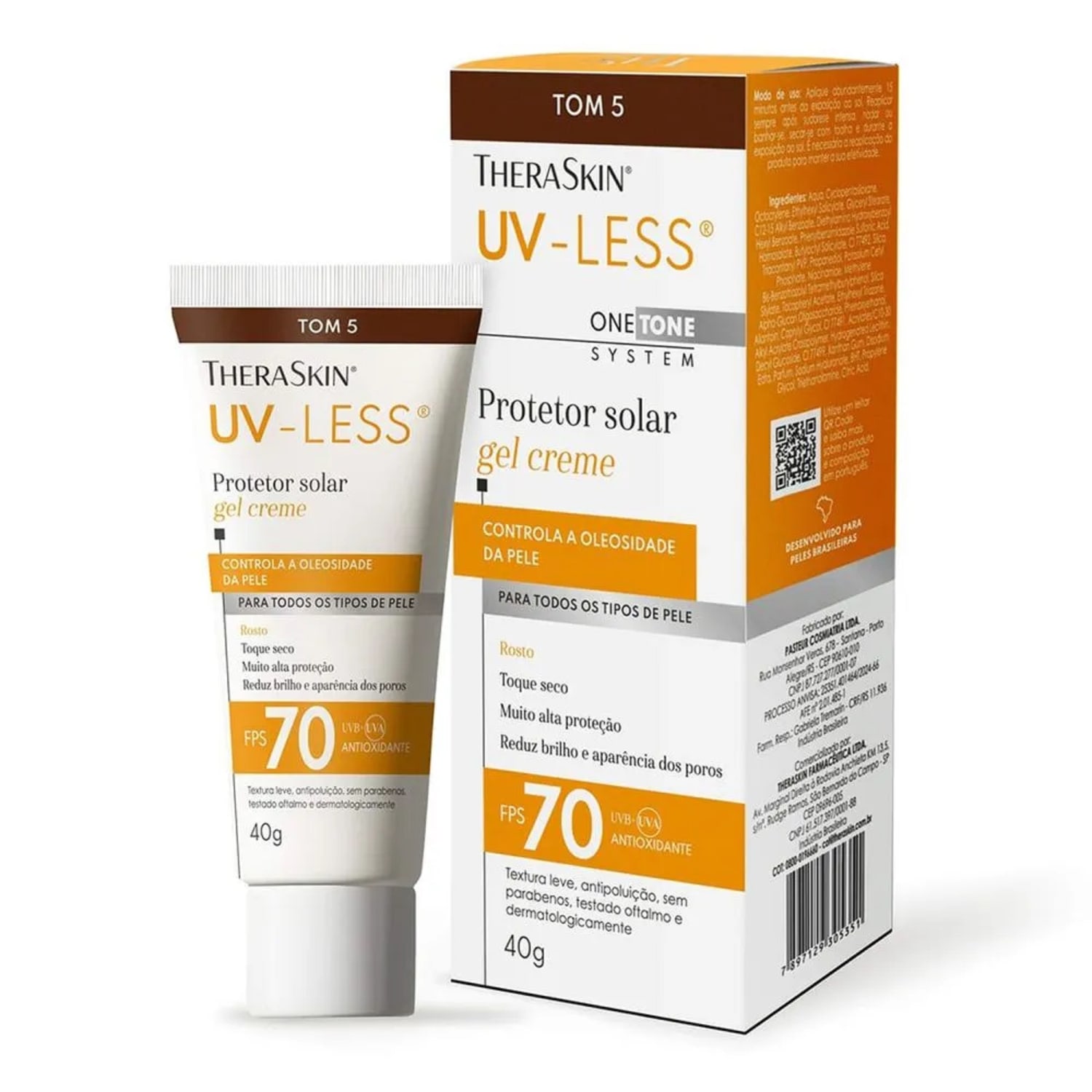 Protetor Solar Facial Theraskin UV-Less FPS 70 Gel Creme Tom 5 40g – Alta Proteção com Cor