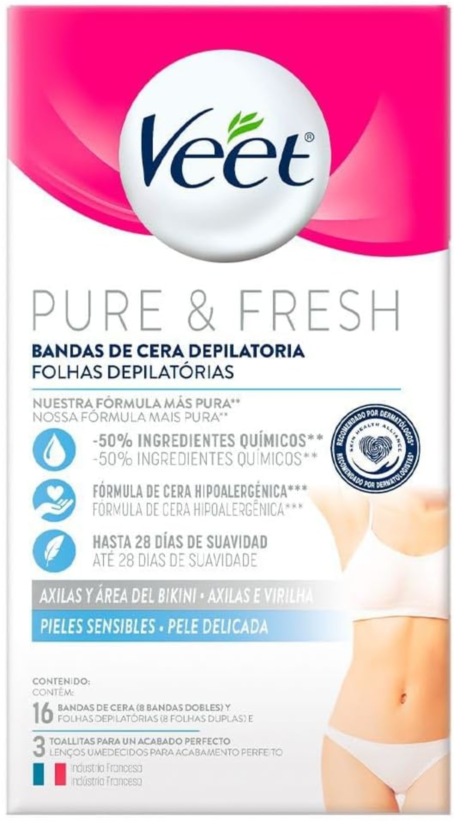 Veet Cera Fria Folhas Depilatórias Pure & Fresh Virilha e Axila Pele Delicada 16 Unidades – Depilação Suave