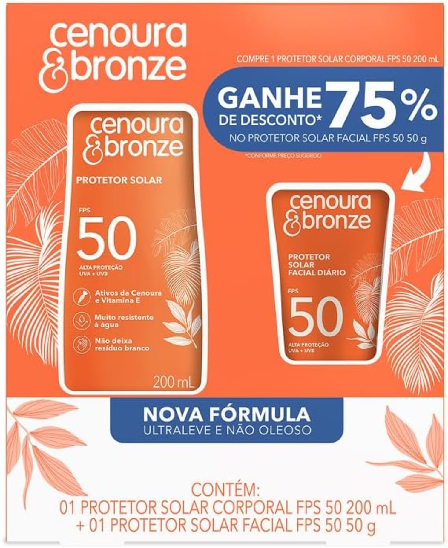 Kit Cenoura & Bronze Protetor Solar FPS 50 Com Protetor Corporal 200ml + Protetor Solar Facial 50g, Alta