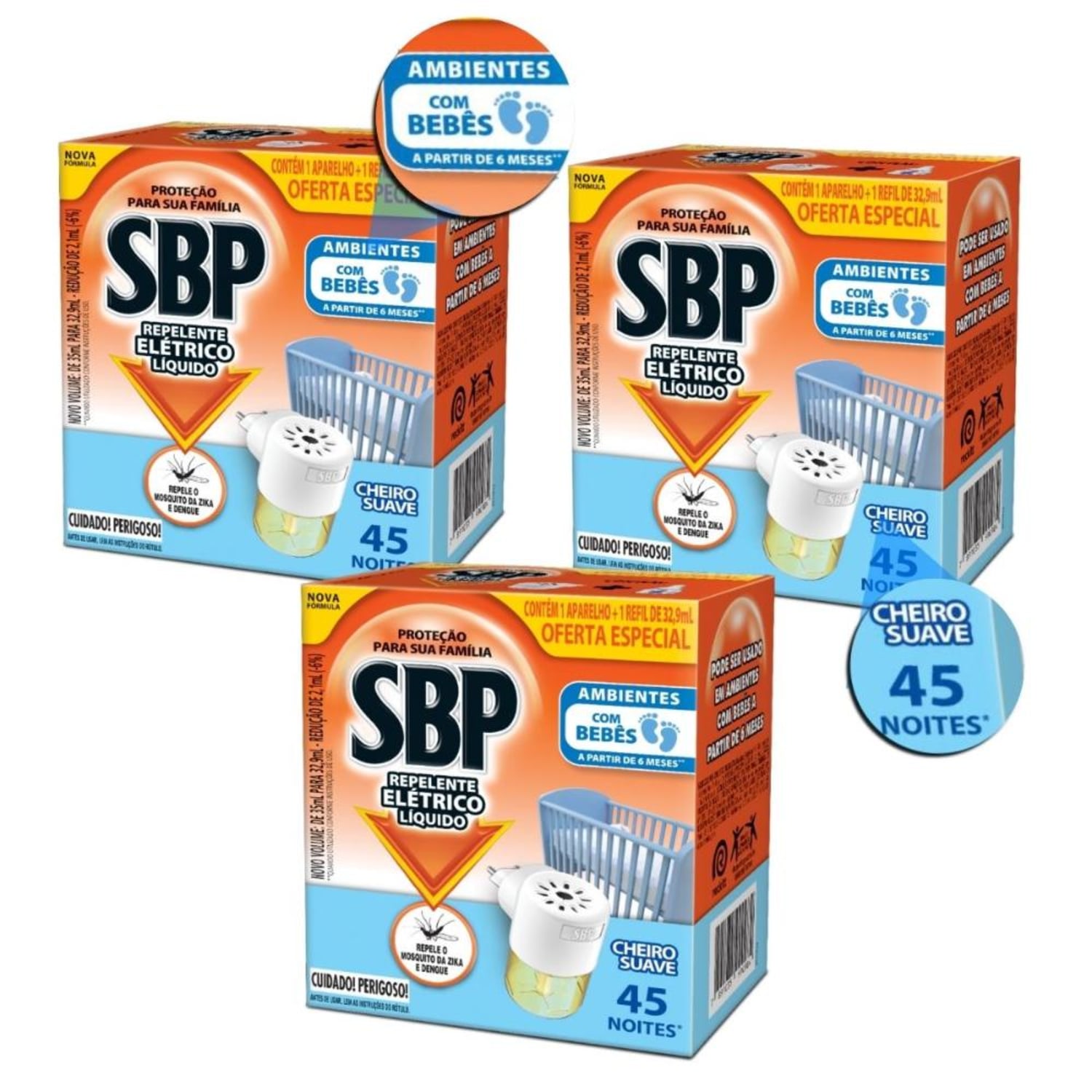 Kit Repelente Elétrico Líquido Sbp Cheiro Suave 32,9ml Com 3