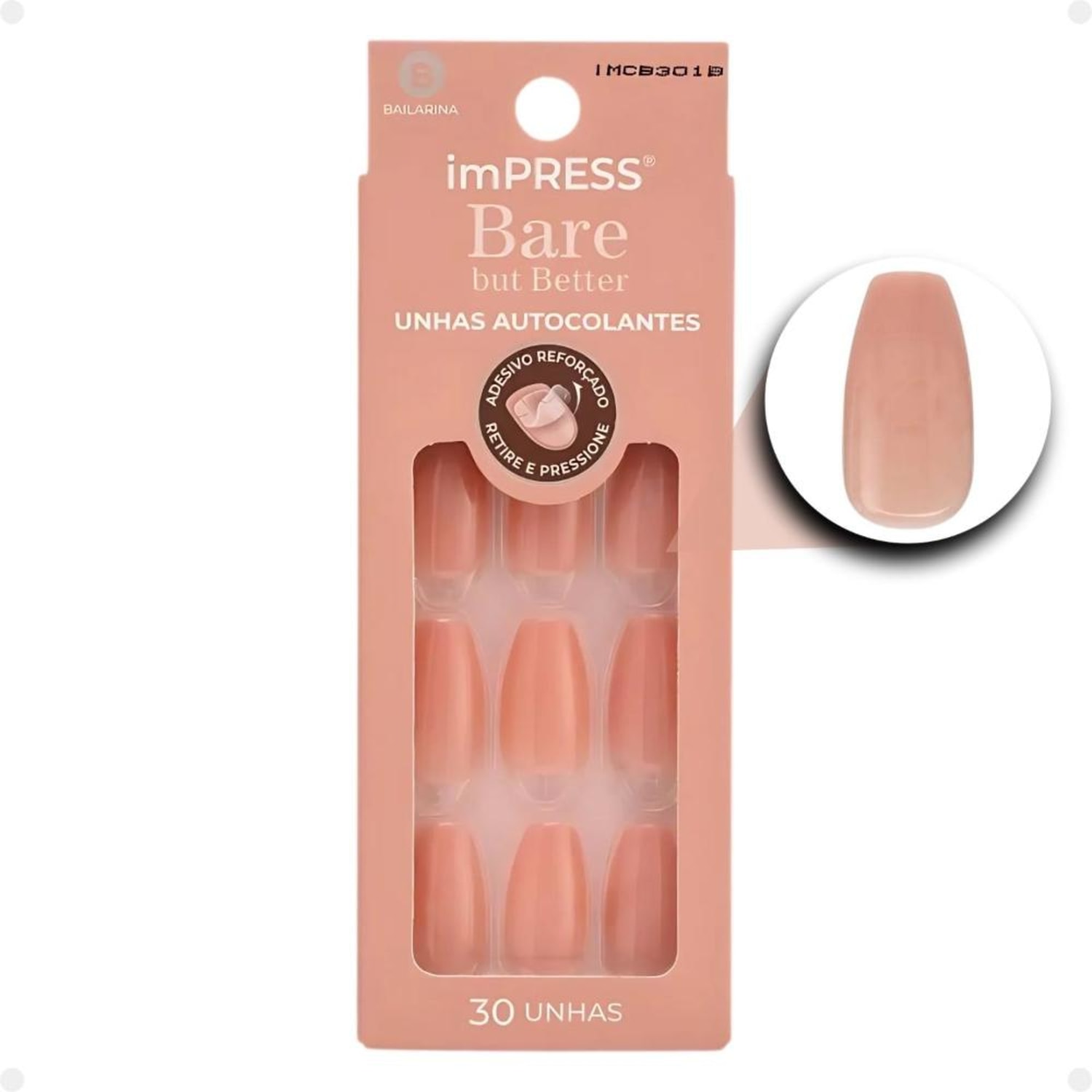 Kiss New York imPress Bare But Better Real World - Unhas Postiças Autocolantes (30 Unidades)