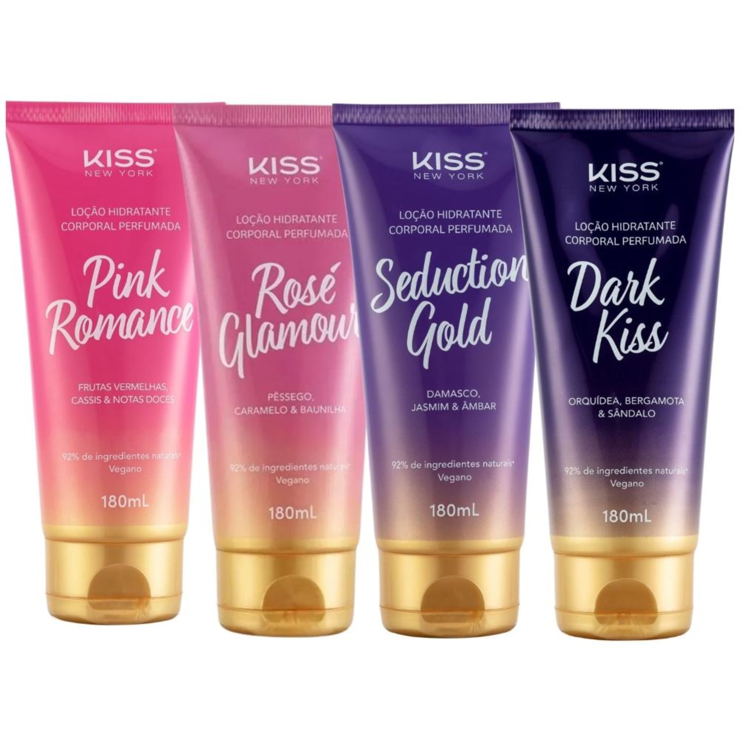 Kit Kiss New York Loção Corporal: Rosé Glamour, Seduction Gold, Dark Kiss e Pink Romance 180ml