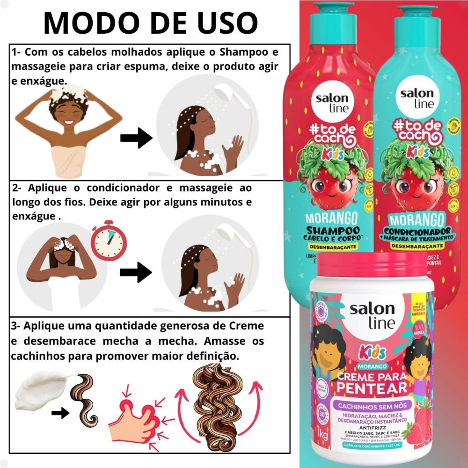Kit Salon Line Kids: Shampoo e Condicionador + Creme para Pentear Morango