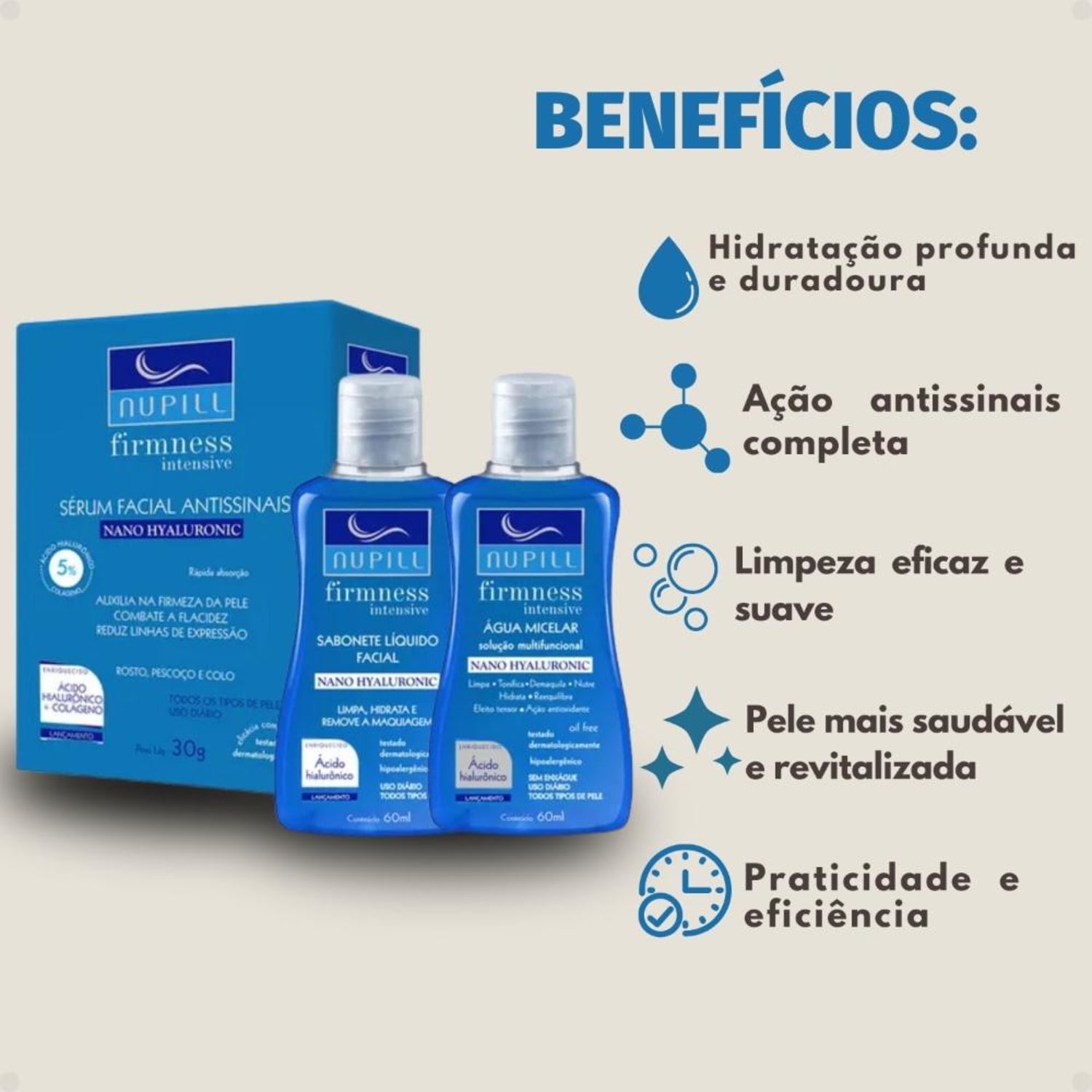 Kit Travel Nupill Firmness Intensive Nano Hyaluronic: Sabonete, Sérum e Água Micelar