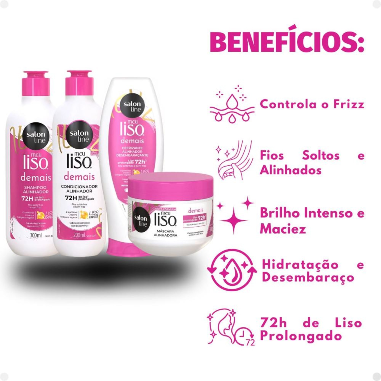 Kit Salon Line Meu Liso Demais Alinhador: Shampoo 300ml e Condicionador 200ml + Creme de Tratamento 300g e Defrizante Desembaraçante 240ml