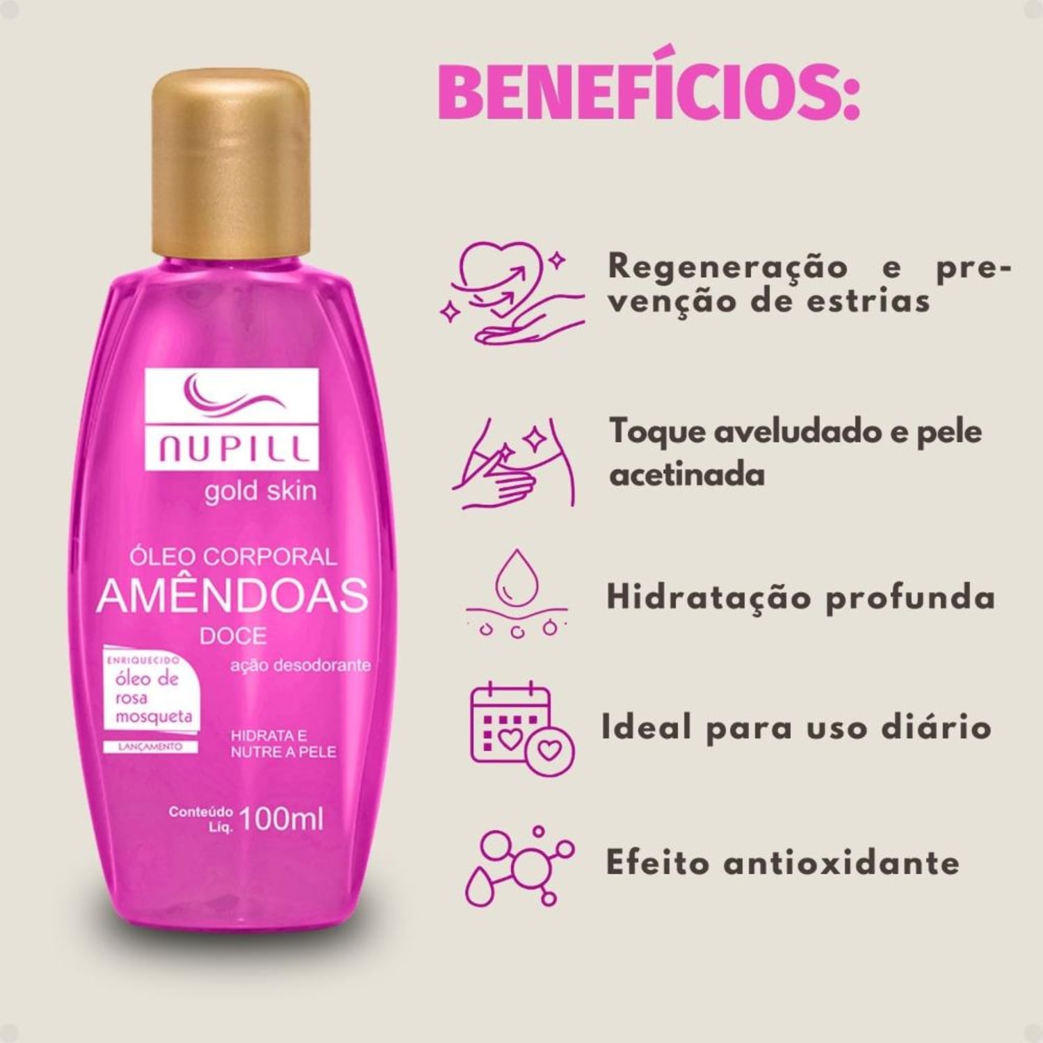 Óleo Corporal Nupill Amêndoas Doce Gold Skin Com Rosa Mosqueta 100ml