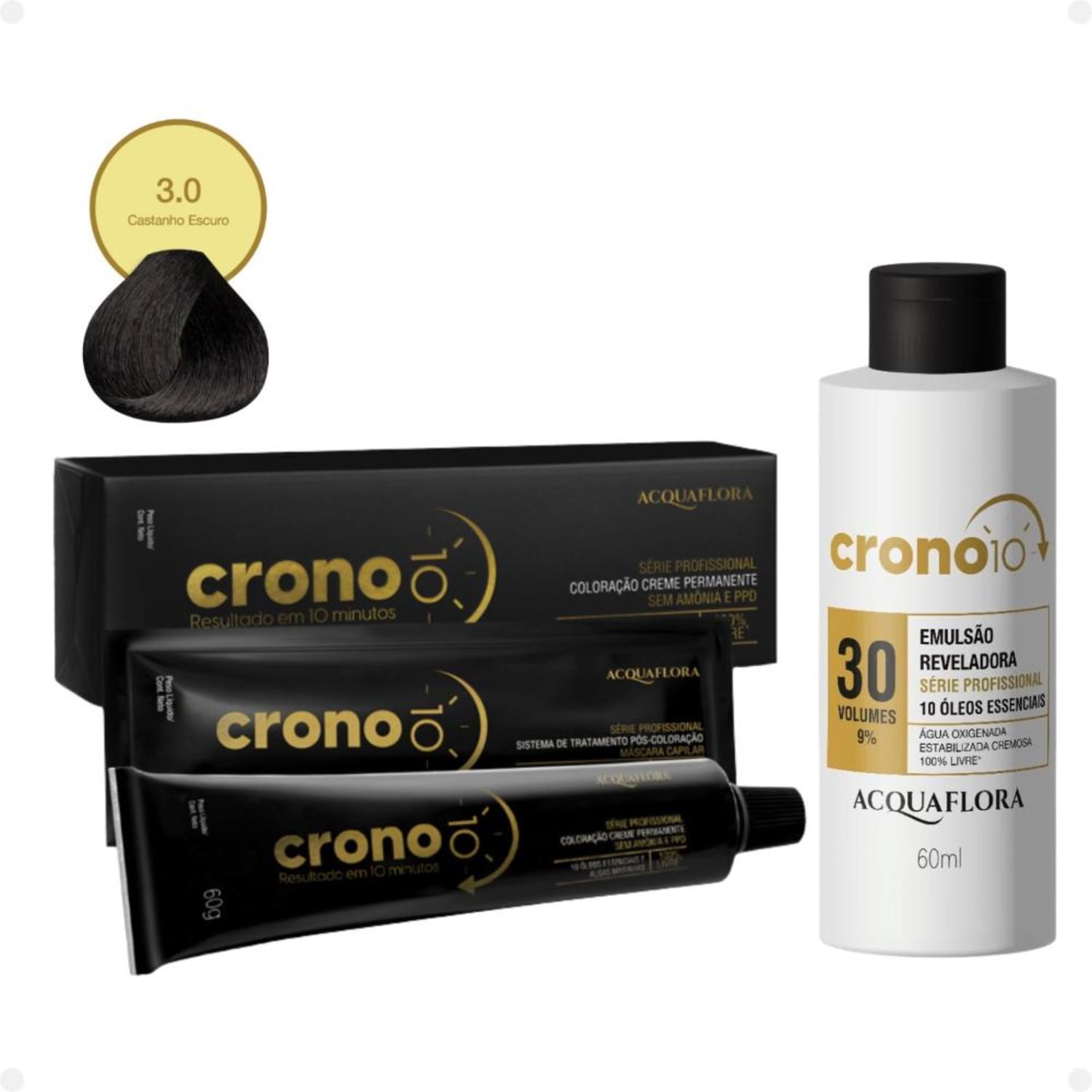 Kit Acquaflora Crono 10: Coloração 3.0 Castanho Escuro + Emulsão Reveladora 30 Volumes (2 Produtos)