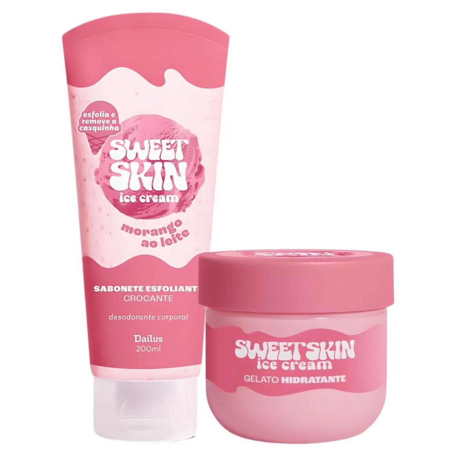 Kit Dailus Sweet Skin Ice Cream Morango Ao Leite: Sabonete Esfoliante e Hidratante Corporal 200ml