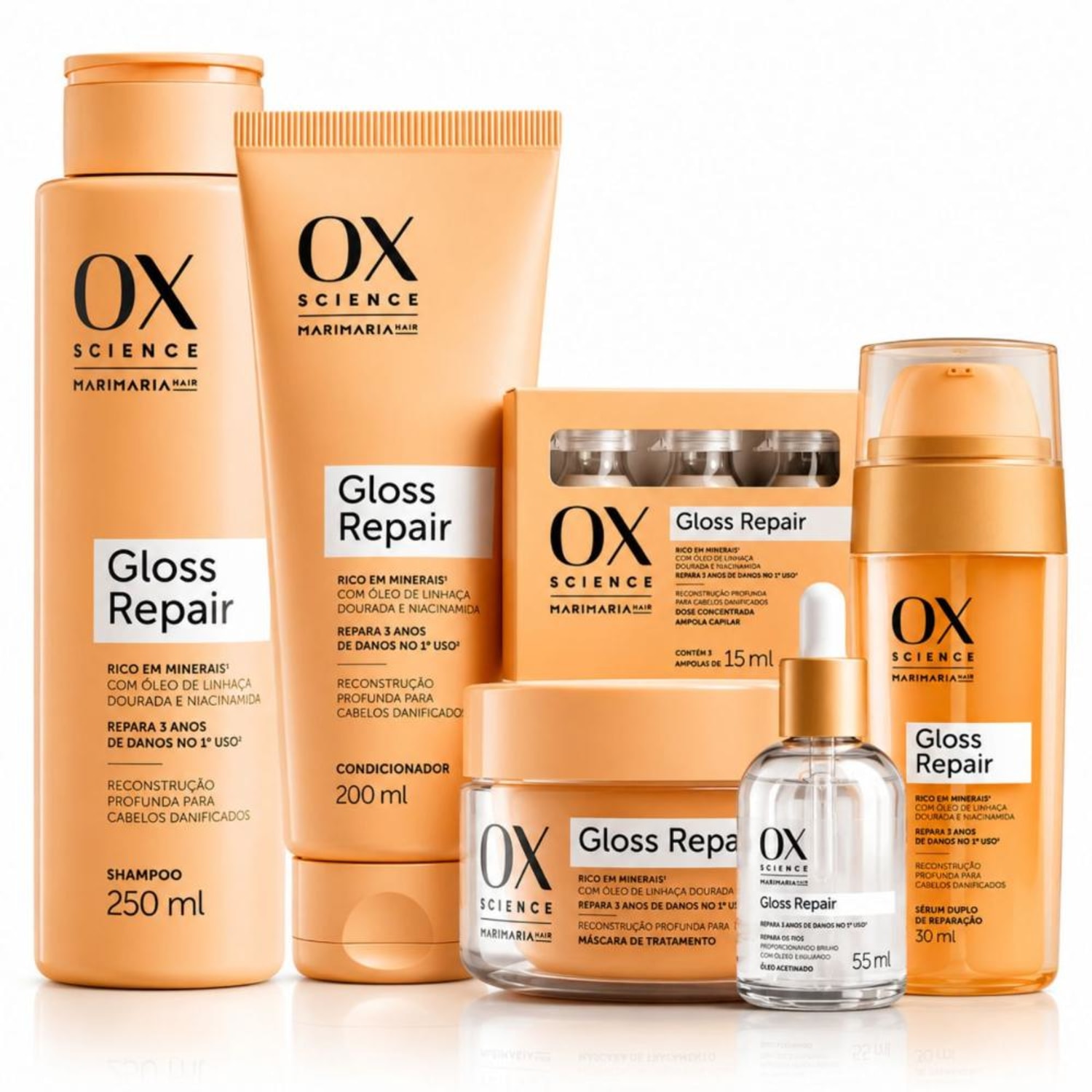 Kit Ox Mari Maria Hair Gloss Repair: Shampoo 250ml, Condicionador 200ml, Máscara 180g, 3 Ampolas, Sérum 30ml e Óleo Capilar 55ml