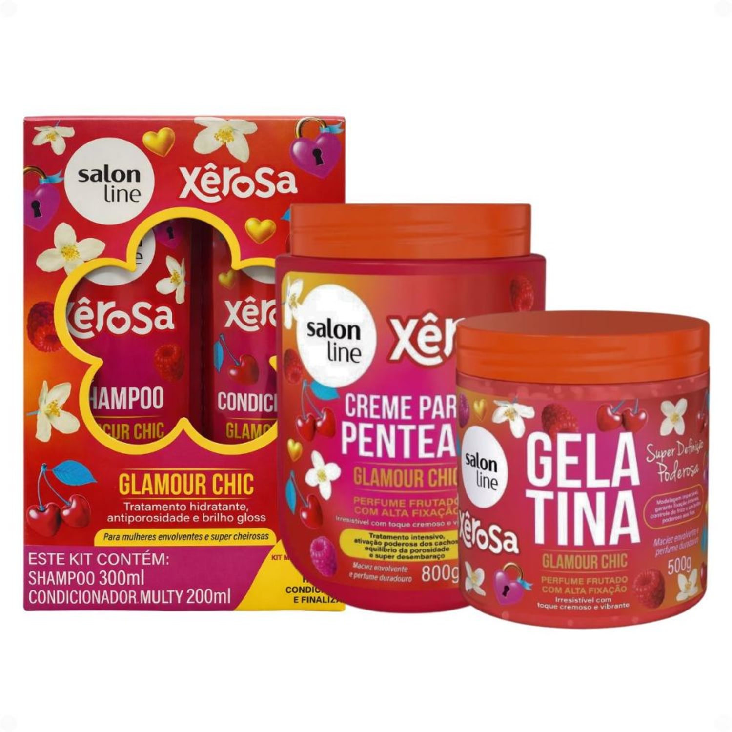 Kit Salon Line Xêrosa Glamour Chic: Shampoo 300ml, Condicionador Multy 200ml, Creme Para Pentear 800g e Gelatina Capilar 500g