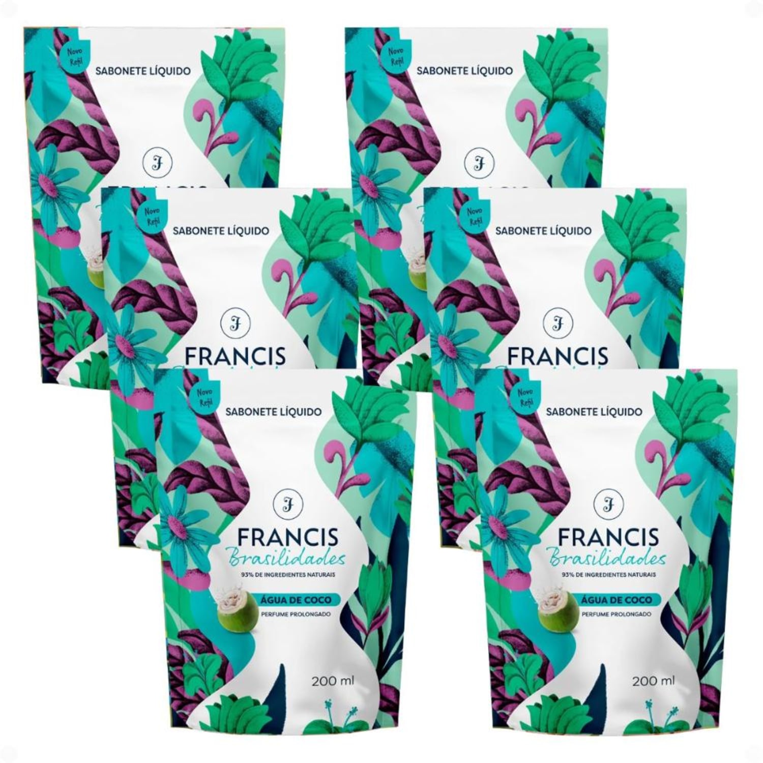 Kit Francis Refil Sabonete Líquido Corpo e Mãos Água De Coco 200ml Com 6