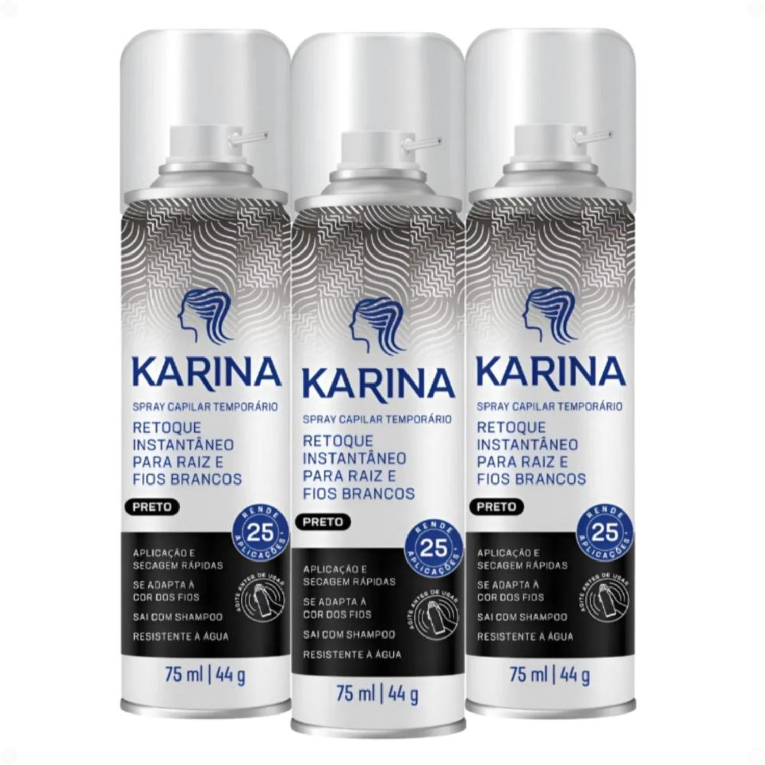 Kit Karina Retoque Capilar Temporário Raiz e Fios Brancos Preto 75ml Com 3
