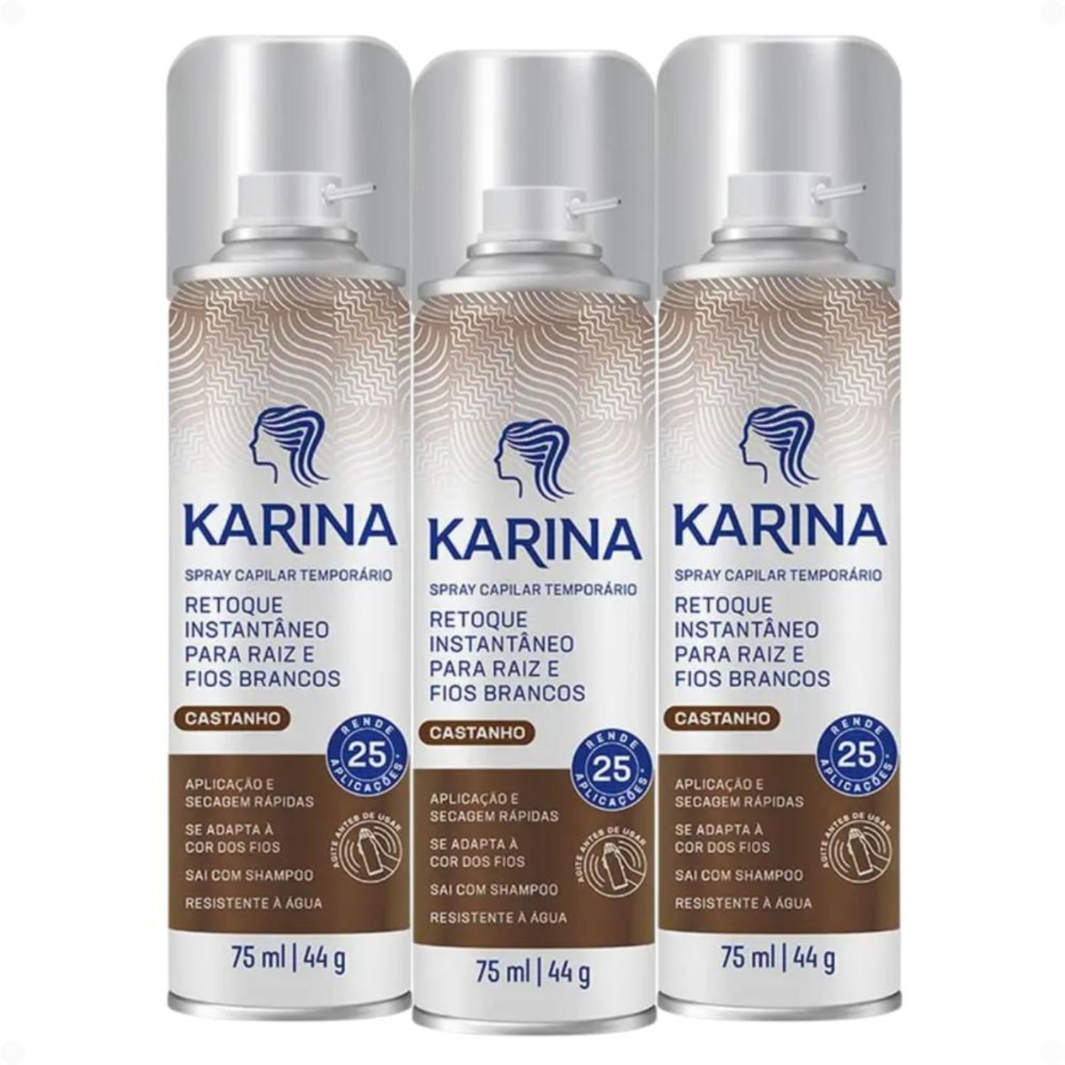 Kit Karina Retoque Capilar Temporário Raiz e Fios Brancos Castanho 75ml Com 3