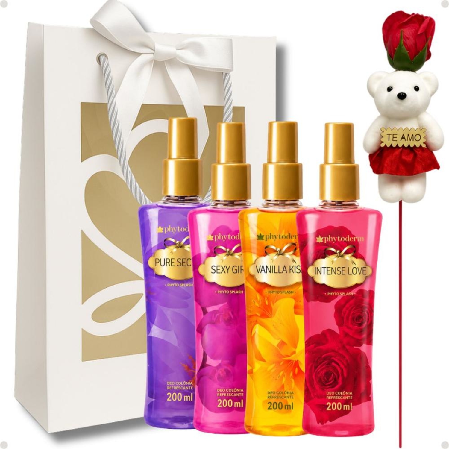 Kit Presente Phytoderm Deo Colônia: Intense Love, Sexy Girl, Pure Secret e Vanilla Kiss 200ml e Rosa com Ursinho