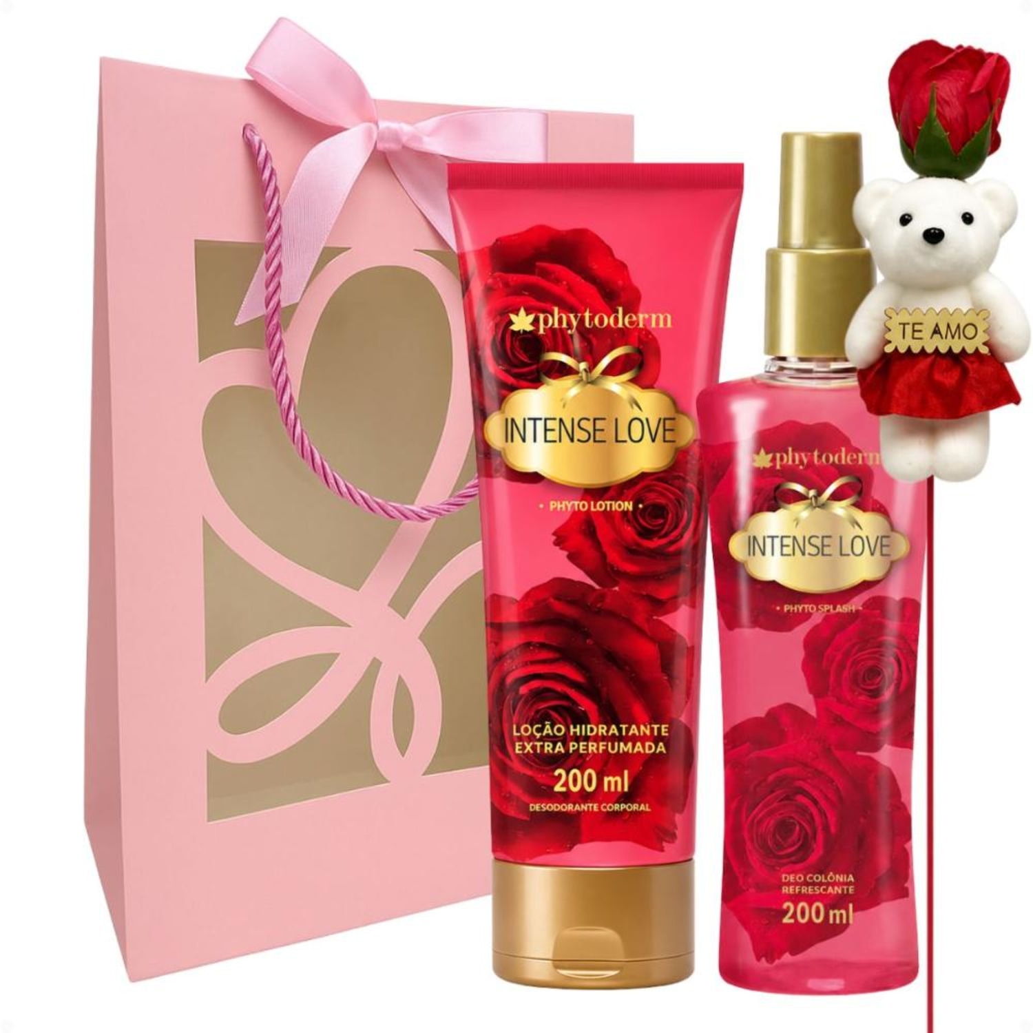 Kit Presente Phytoderm Intense Love: Body Splash Colônia, Hidratante e Rosa Ursinho