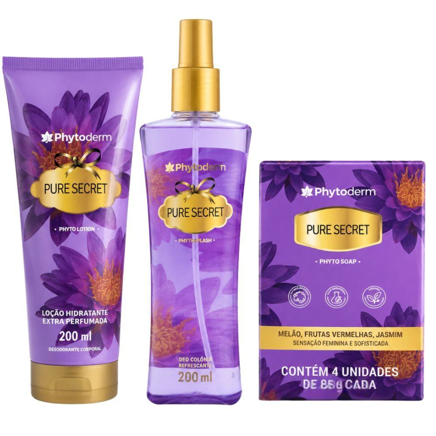 Kit Phytoderm Pure Secret: Deo Colônia, Loção Hidratante 200ml e 4 Sabonetes Vegetais 85g