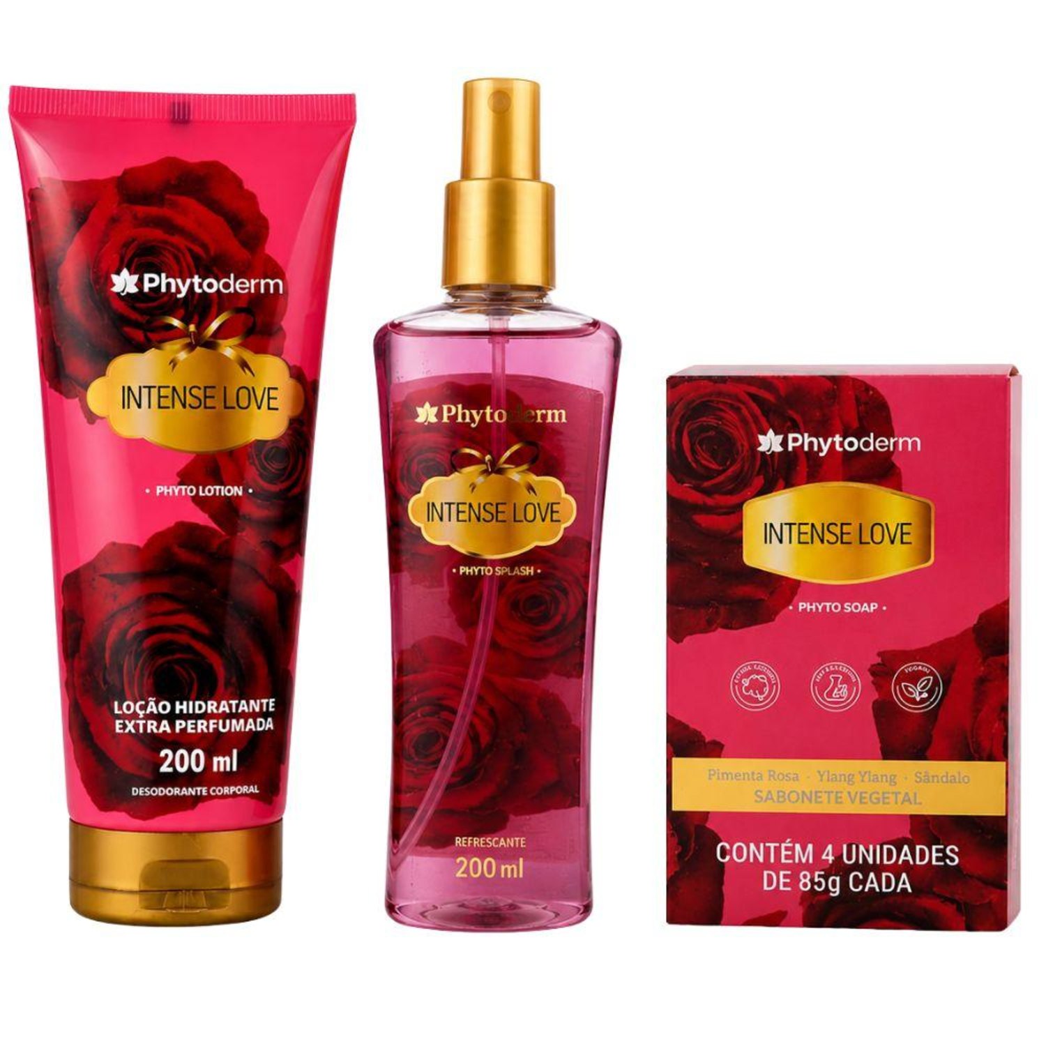Kit Phytoderm Intense Love: Deo Colônia, Loção Hidratante 200ml e 4 Sabonetes Vegetais 85g