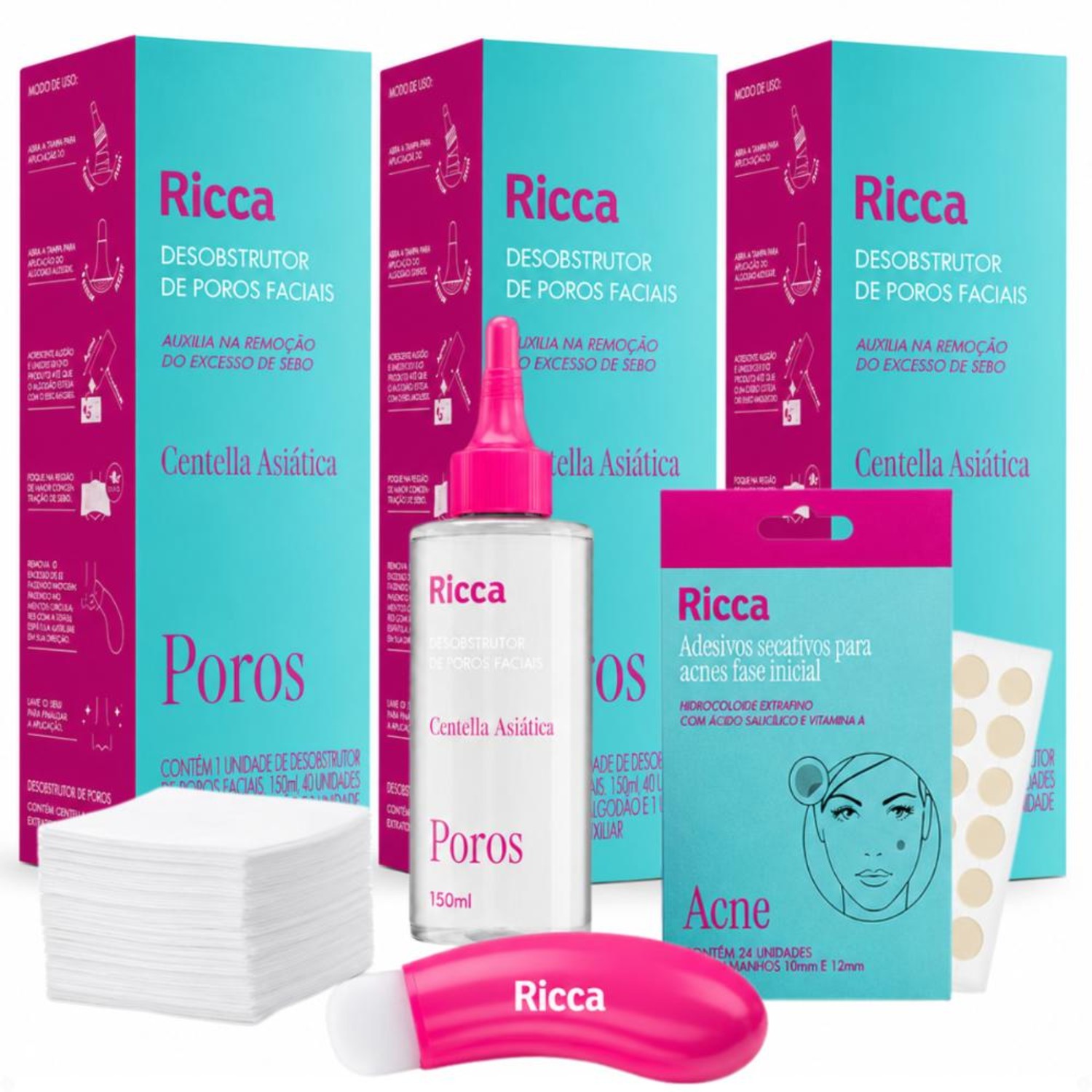 Kit Ricca 3 Desobstrutores de Poros Faciais Centella Asiática + Mimo Adesivo Secativo